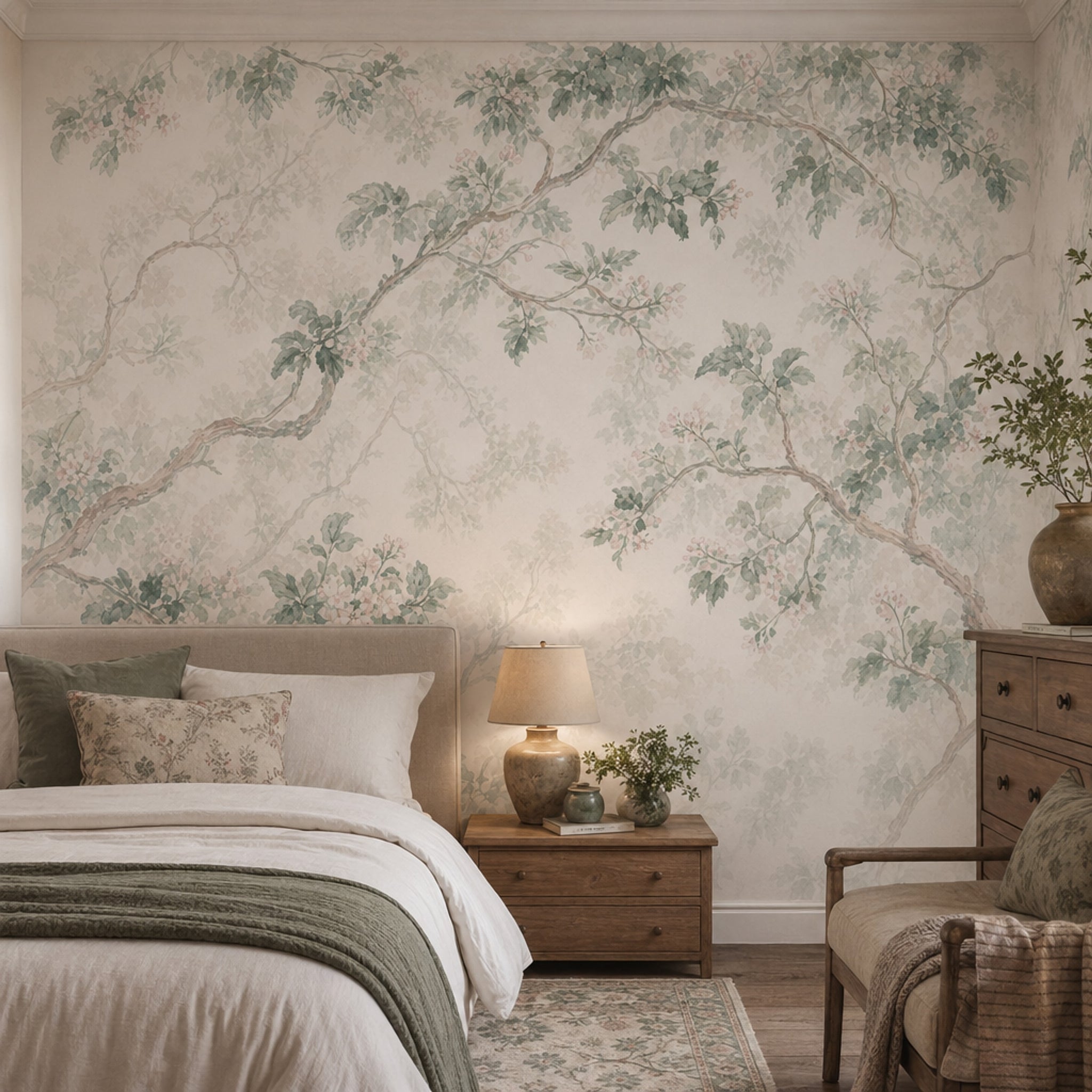 Watercolor Botanical Wallpaper Tree Branches Sage Green Leaves Removable Wall Decor