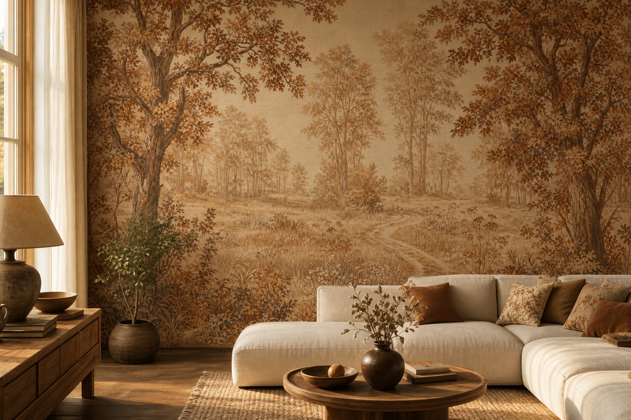 Woodland Landscape Wallpaper Sepia Autumn Trees Wall Mural