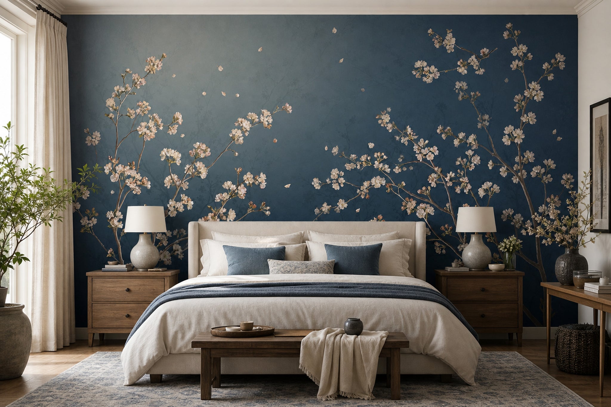 Cherry Blossom Branches Wallpaper Dark Navy Background Painterly Floral Wall Mural