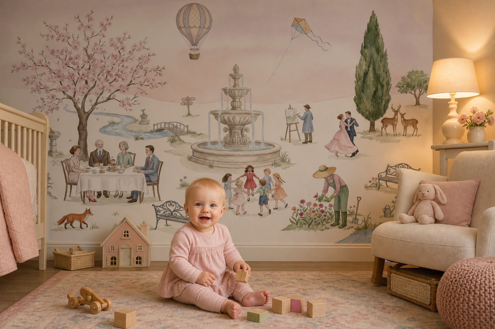 Hot Air Balloon Wallpaper Park Scene Cherry Blossom Wall Mural