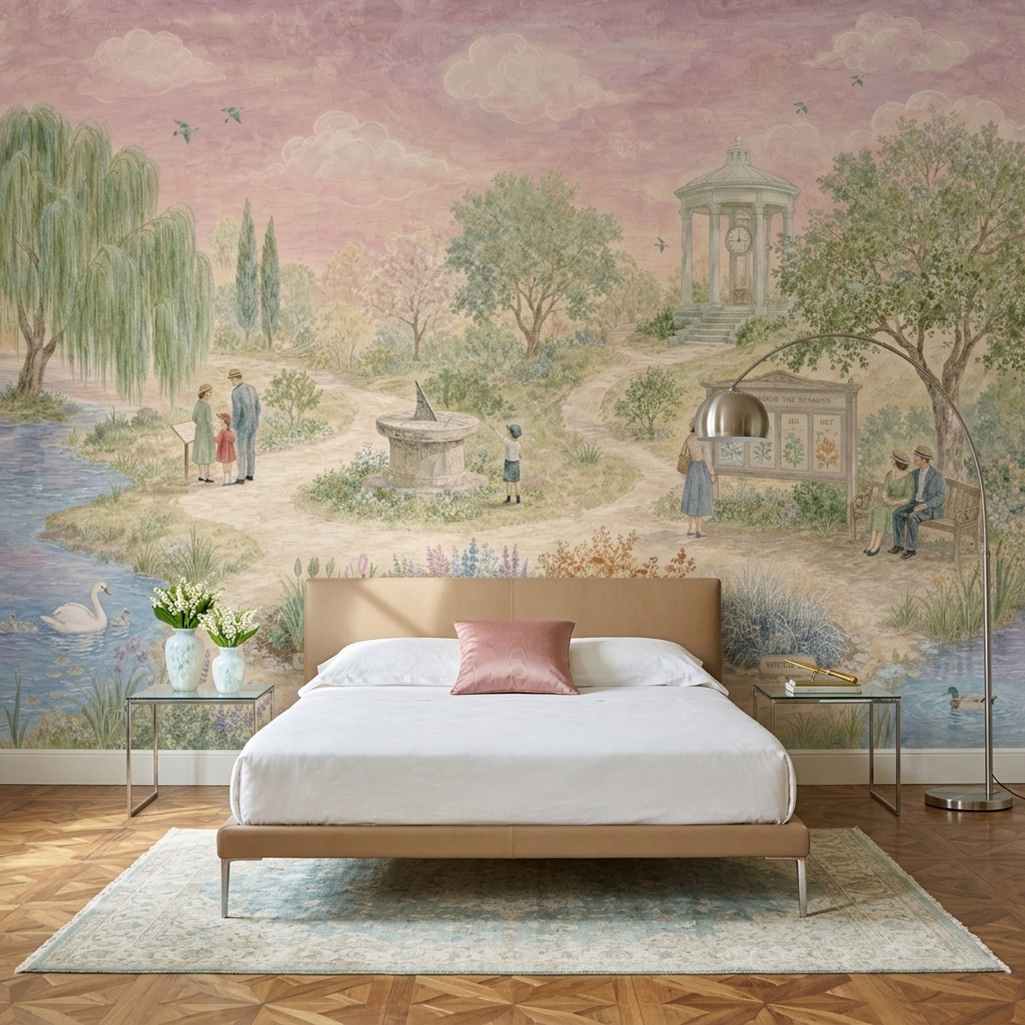 Pastoral Landscape Wallpaper Garden Park Watercolor Illustration Wall Mural