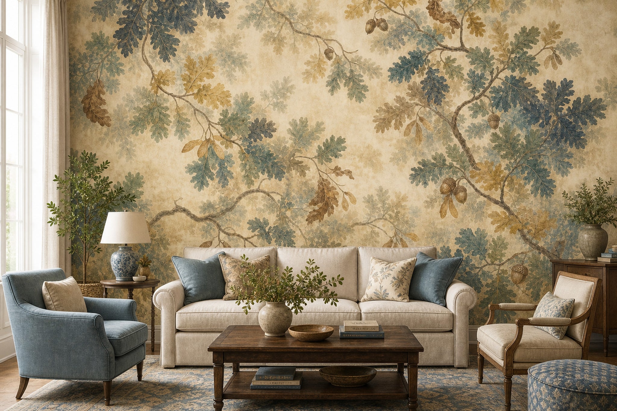 Oak Leaves Wallpaper Acorns Botanical Removable Wall Decor