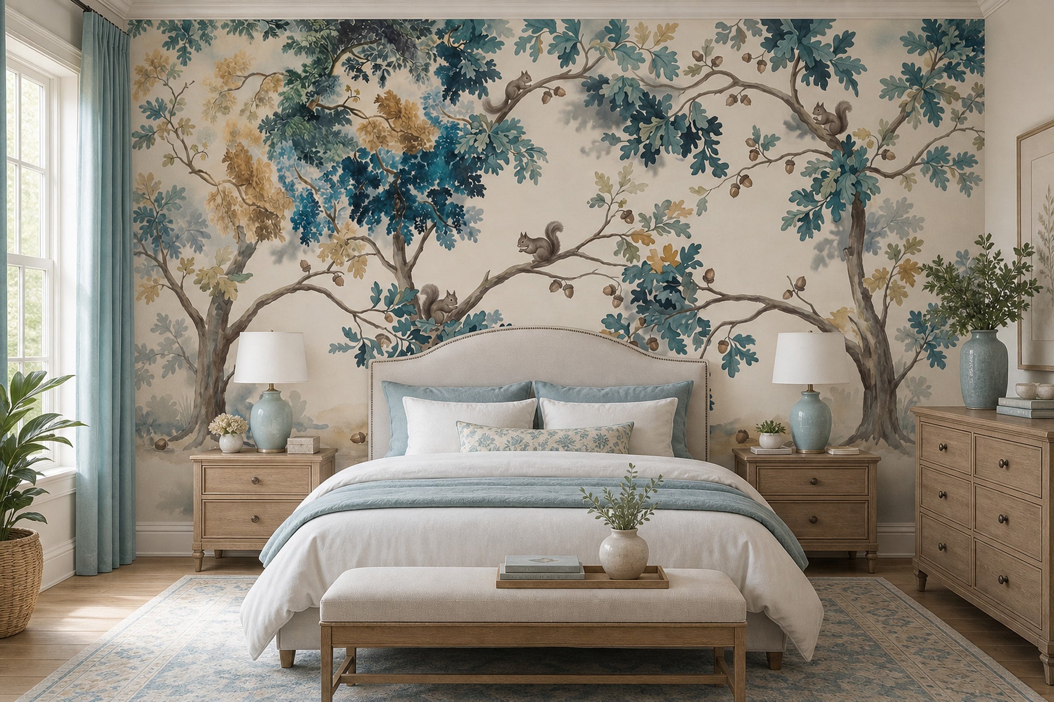 Watercolor Oak Trees Wallpaper Squirrels Nature Landscape Removable Wall Decor