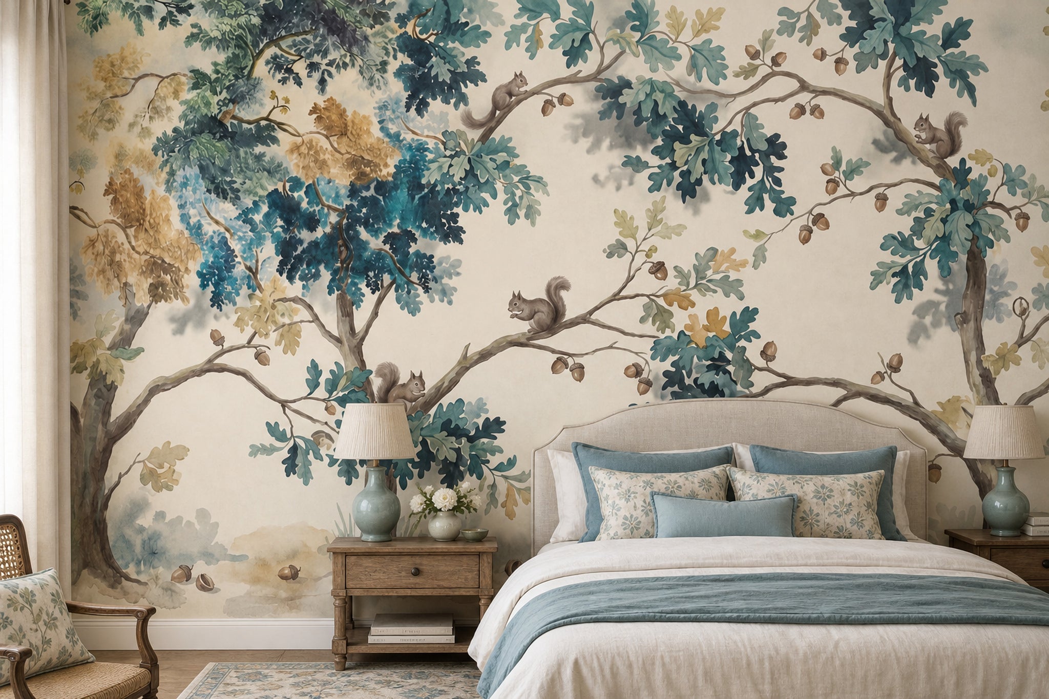 Watercolor Oak Trees Wallpaper Squirrels Nature Landscape Removable Wall Decor