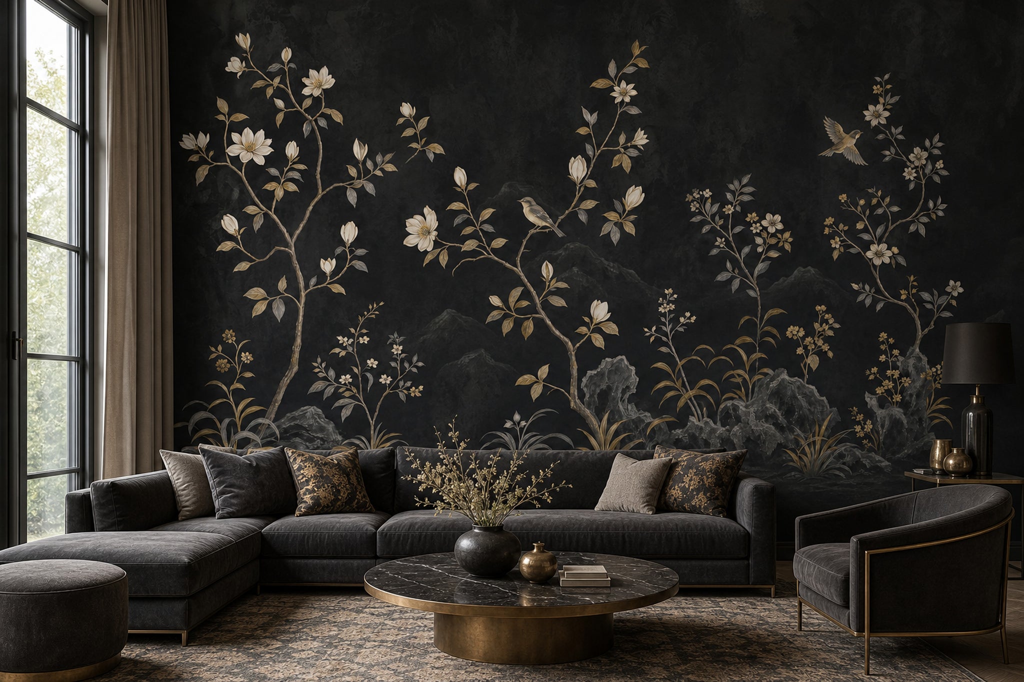 Dark Floral Wallpaper Botanical Chinoiserie Removable Wall Decor