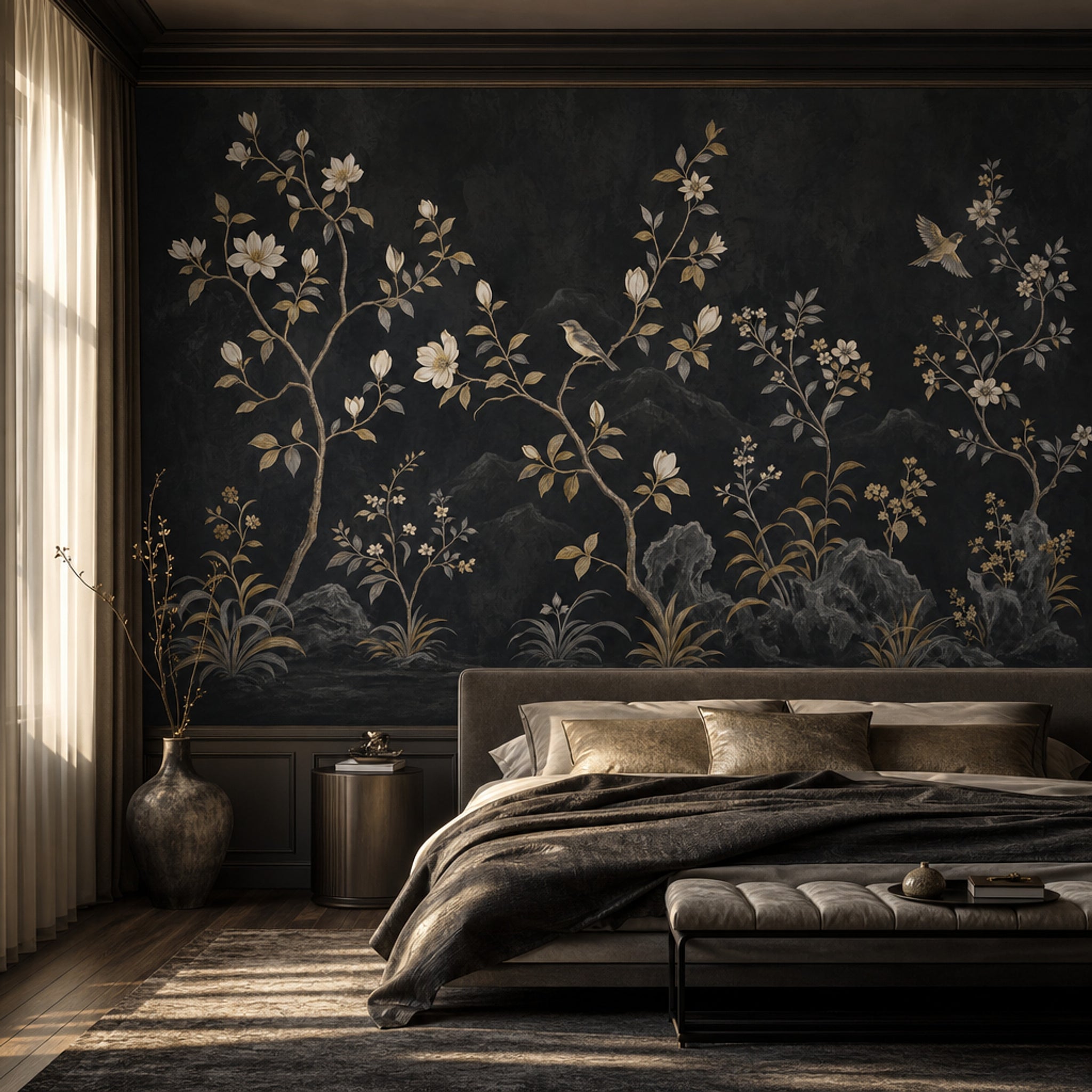Dark Floral Wallpaper Botanical Chinoiserie Removable Wall Decor