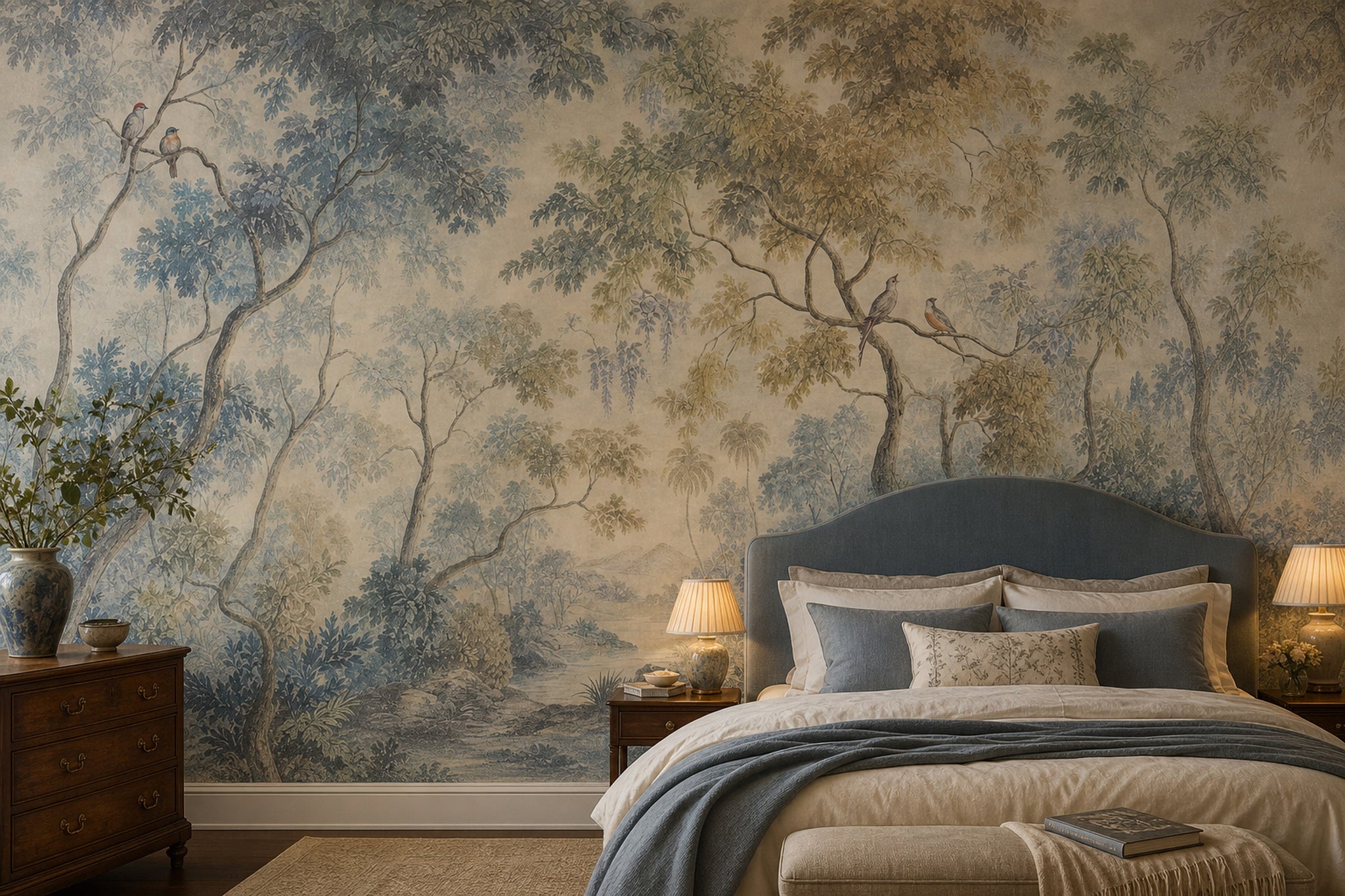 Pastoral Landscape Wallpaper Woodland Trees Misty Background Removable Wall Decor