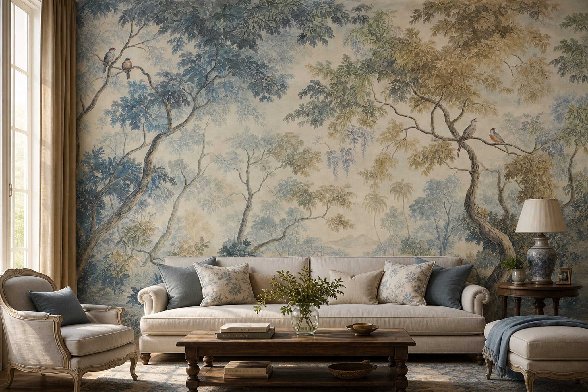 Pastoral Landscape Wallpaper Woodland Trees Misty Background Removable Wall Decor