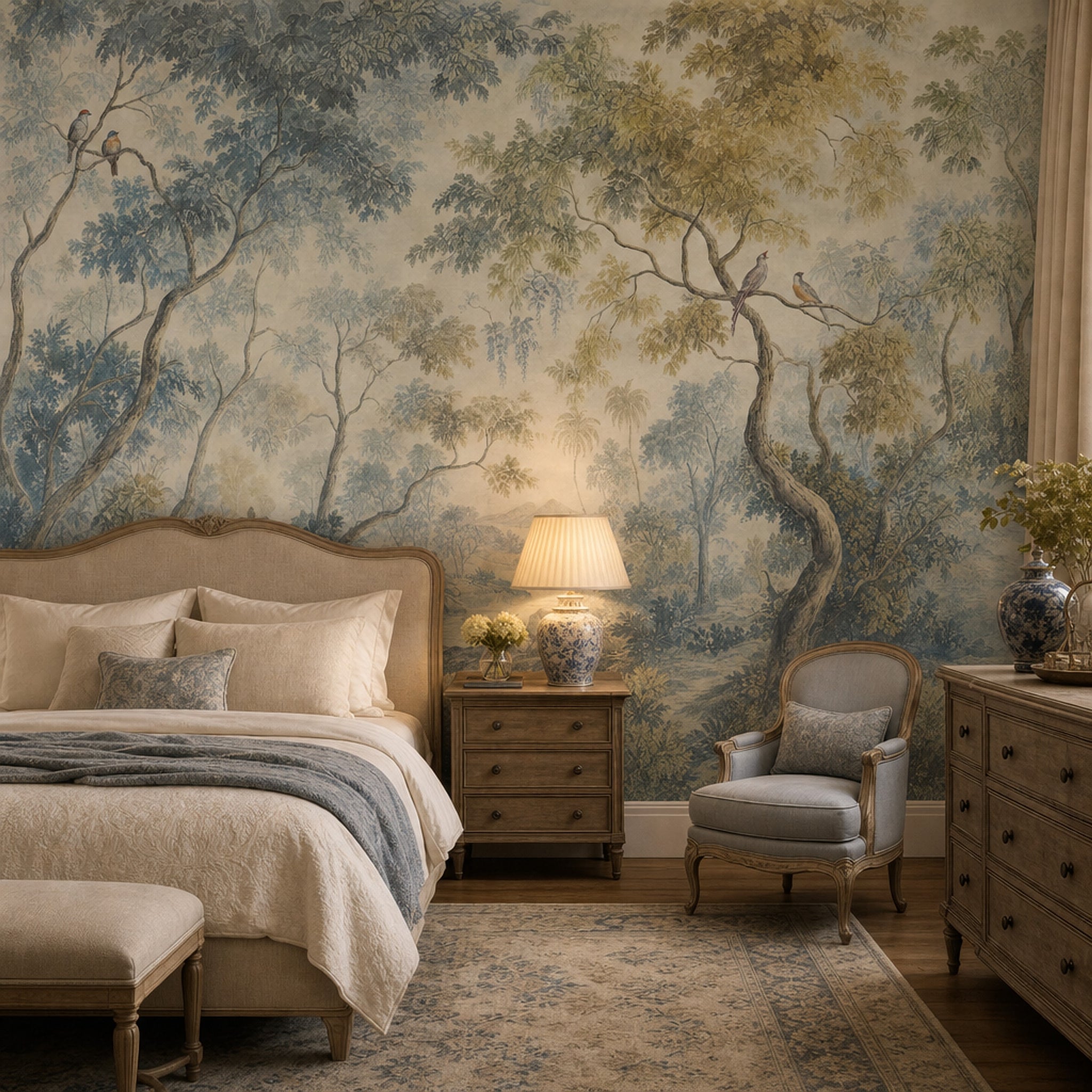 Pastoral Landscape Wallpaper Woodland Trees Misty Background Removable Wall Decor