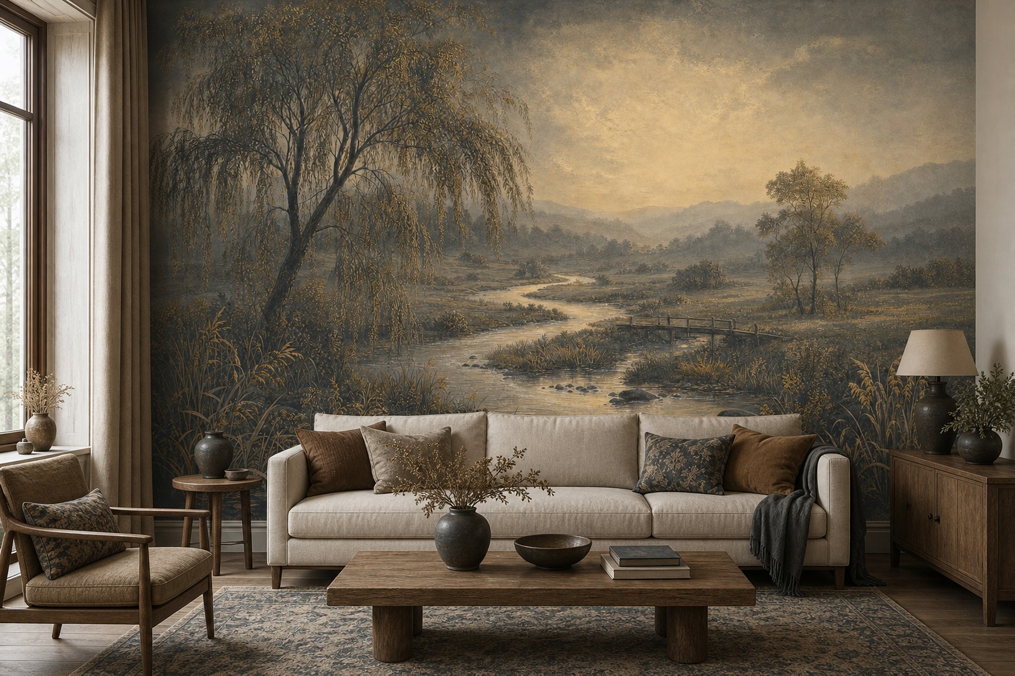 Wooden Bridge Wallpaper Misty Valley Sepia Tones Wall Mural