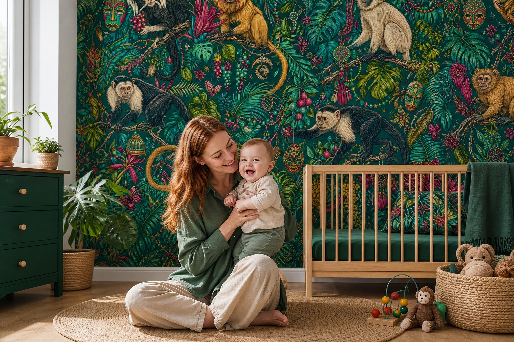 Tropical Jungle Wallpaper Dark Teal Monkeys Removable Wall Decor