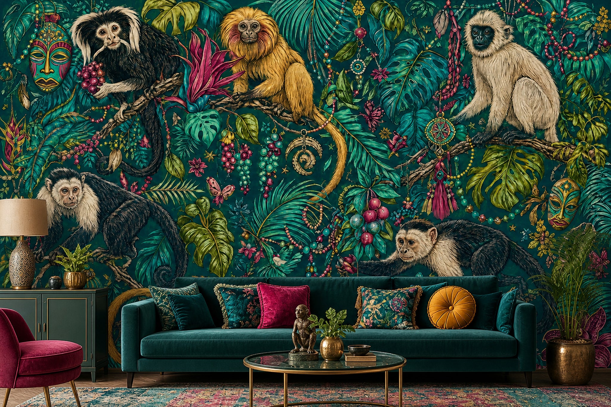 Tropical Jungle Wallpaper Dark Teal Monkeys Removable Wall Decor