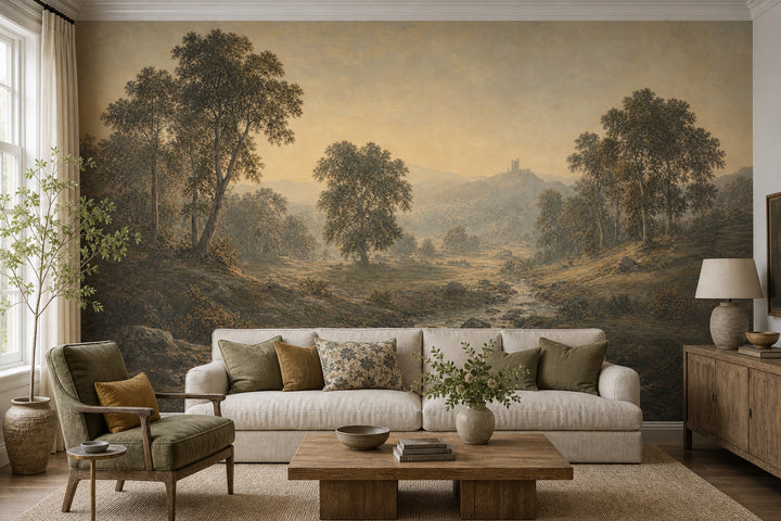 Pastoral Landscape Wallpaper Vintage Painting River Stream Removable Wall Decor