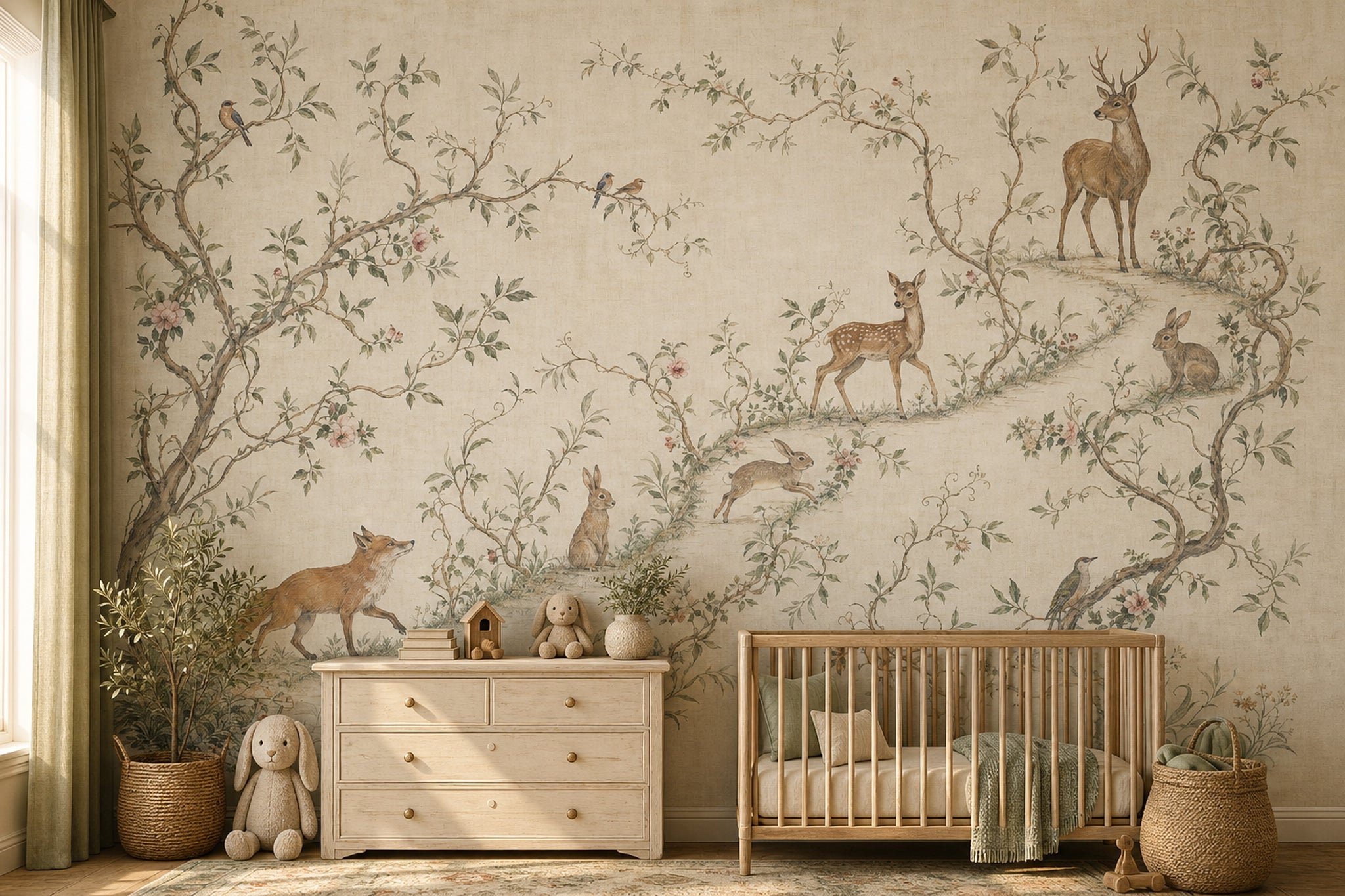 Woodland Toile Wallpaper Pastoral Landscape Removable Deer And Fawn Wall Decor