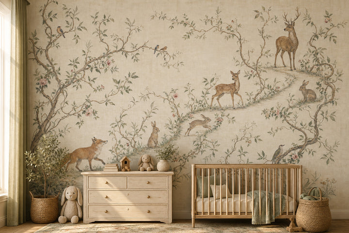 Woodland Toile Wallpaper Pastoral Landscape Removable Deer And Fawn Wall Decor