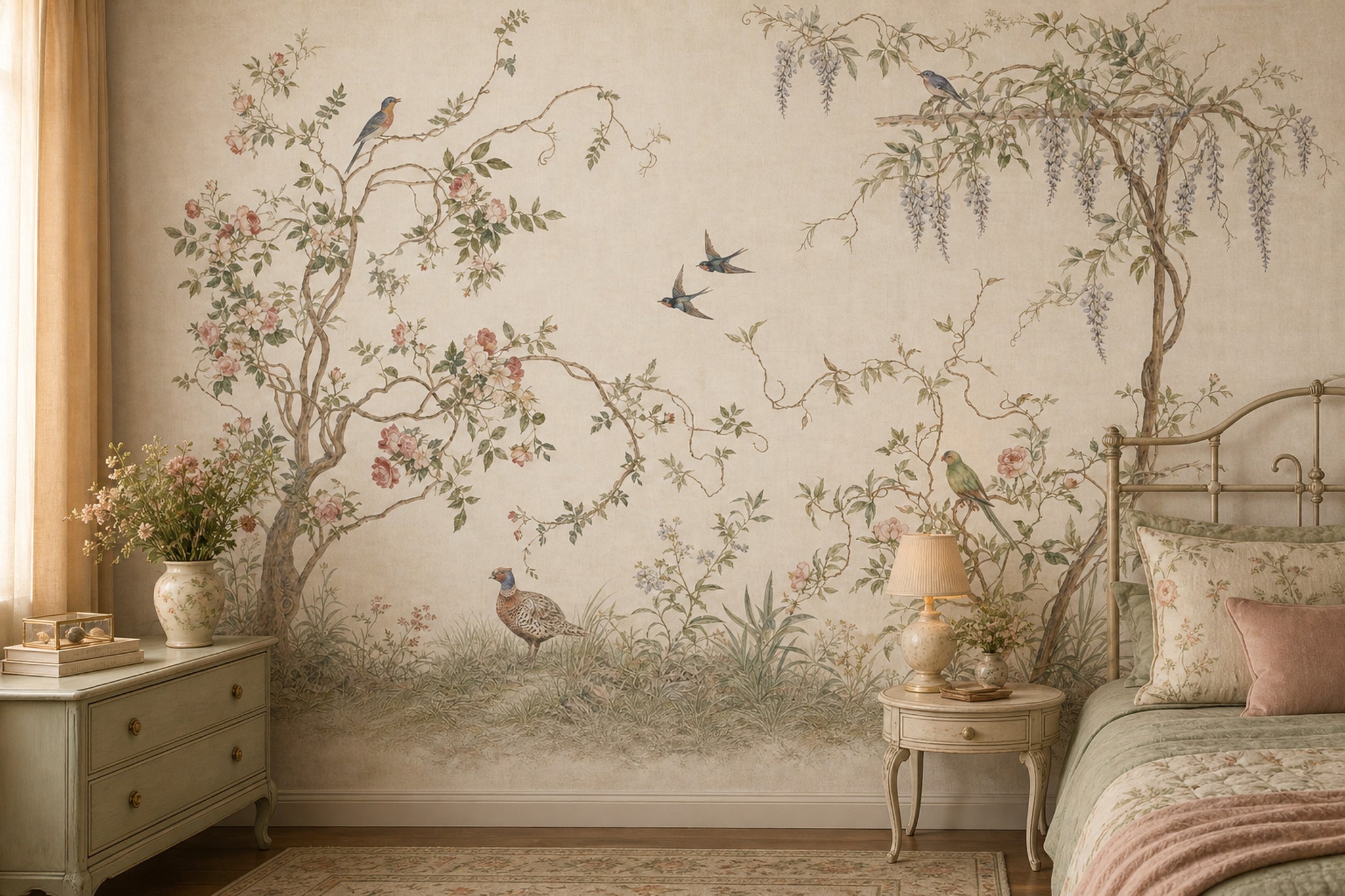 Muted Green Wallpaper Botanical Chinoiserie Wall Mural