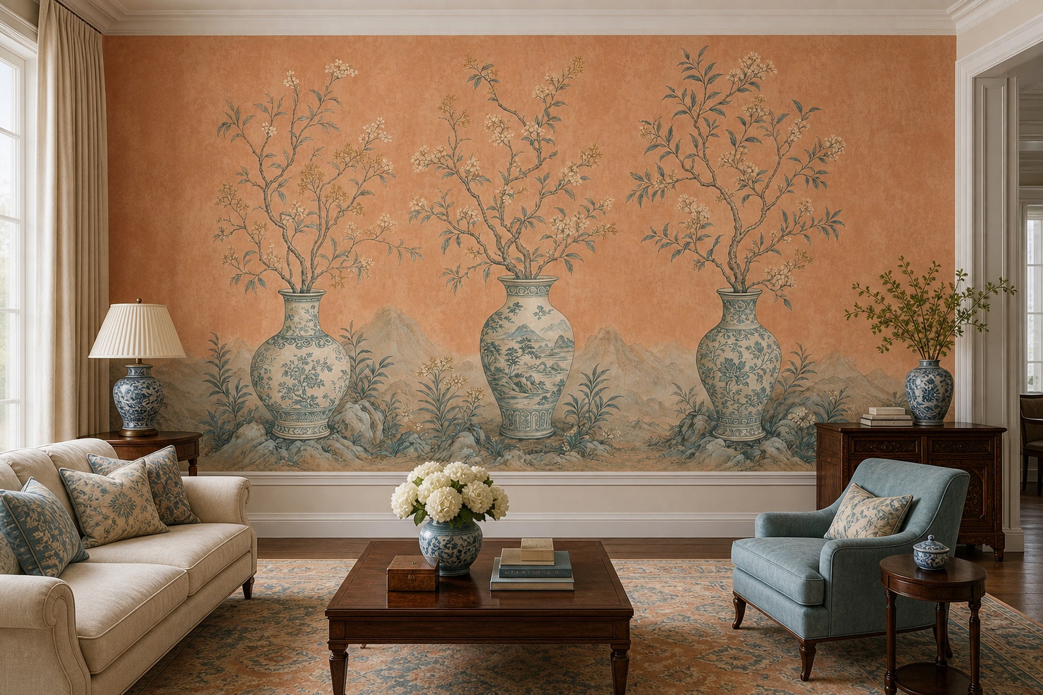 Chinoiserie Wallpaper Porcelain Vases Oriental Landscape Wall Mural