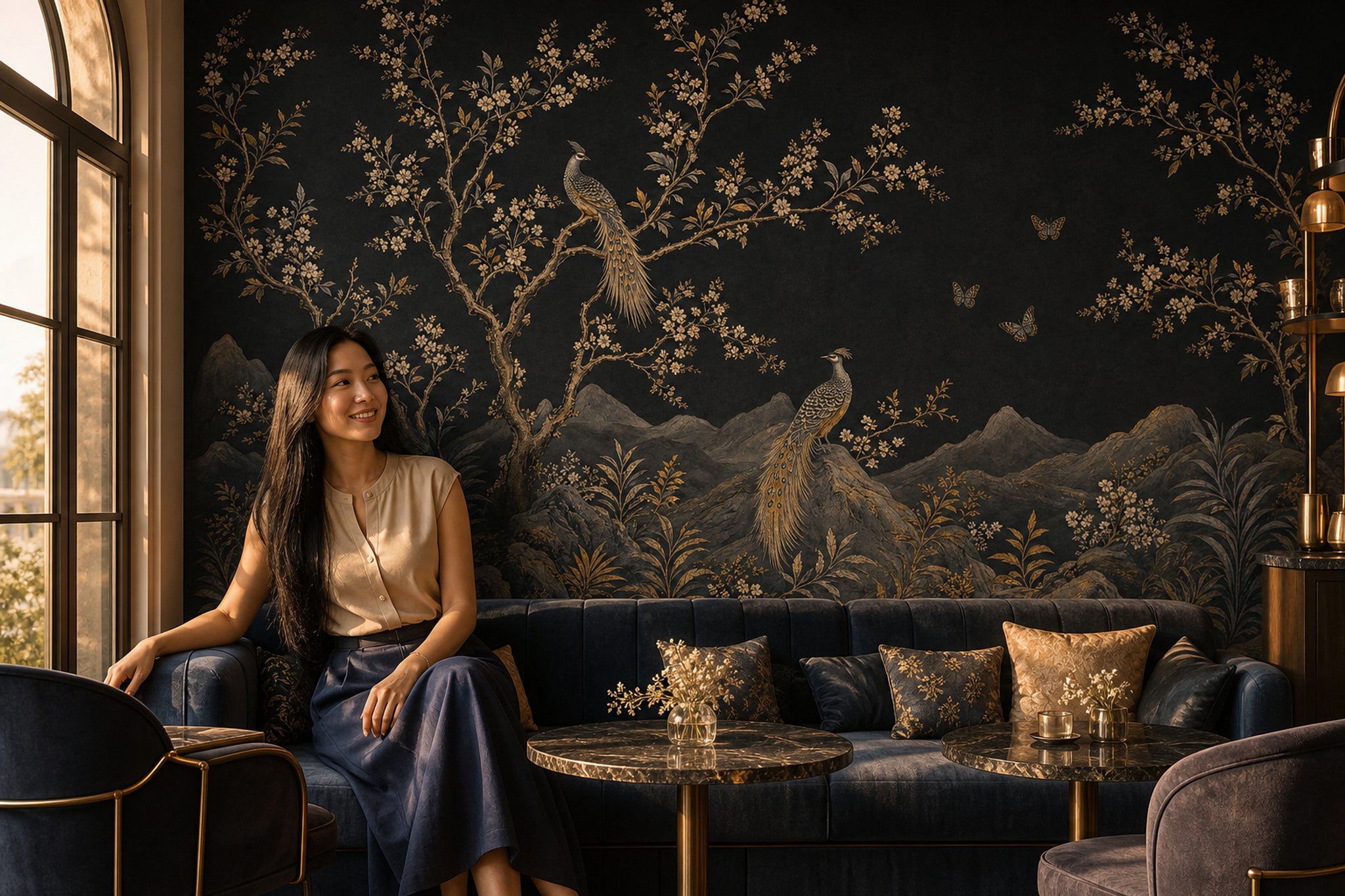 Night Landscape Wallpaper Blossom Branches Removable Gold Accents Wall Decor