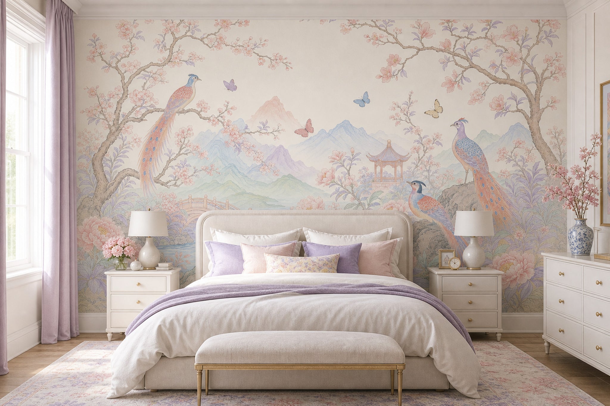 Chinoiserie Wallpaper Pastel Floral Landscape Removable Wall Decor