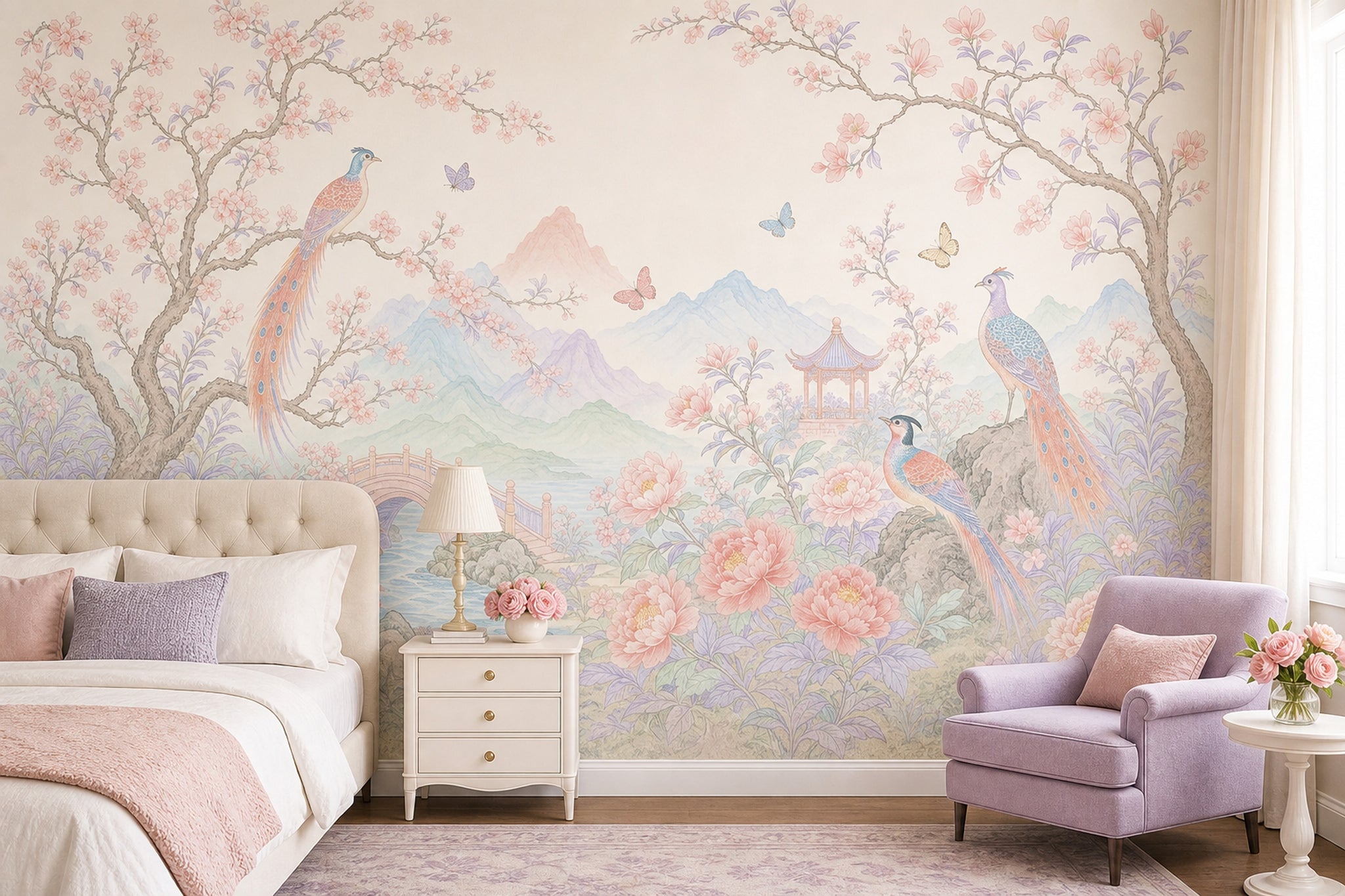 Chinoiserie Wallpaper Pastel Floral Landscape Removable Wall Decor