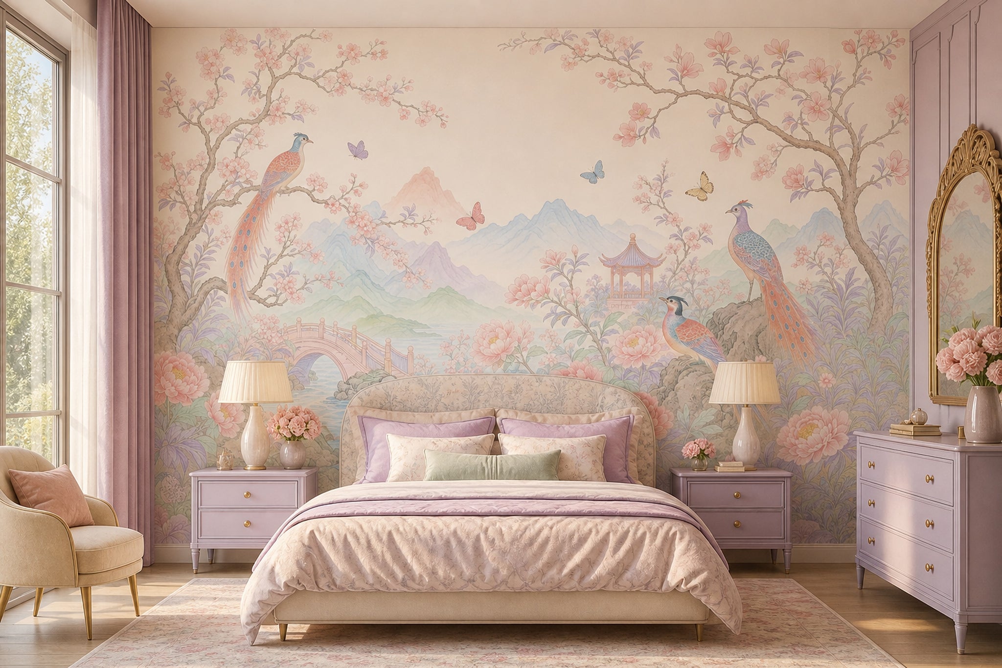 Chinoiserie Wallpaper Pastel Floral Landscape Removable Wall Decor