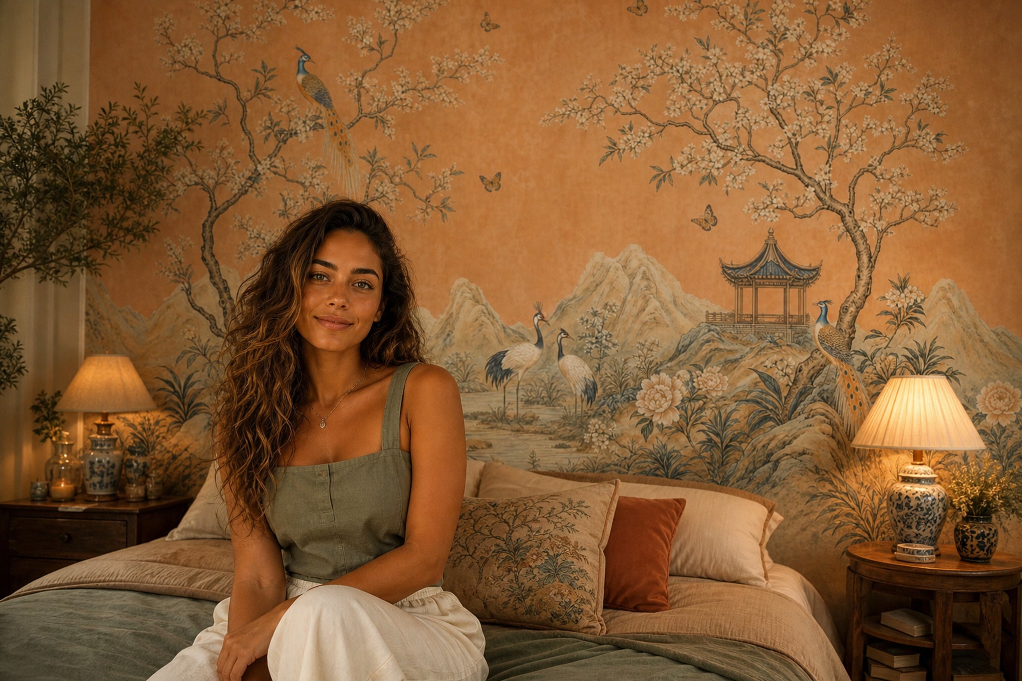 Chinoiserie Wallpaper Asian Landscape Terracotta Background Wall Mural