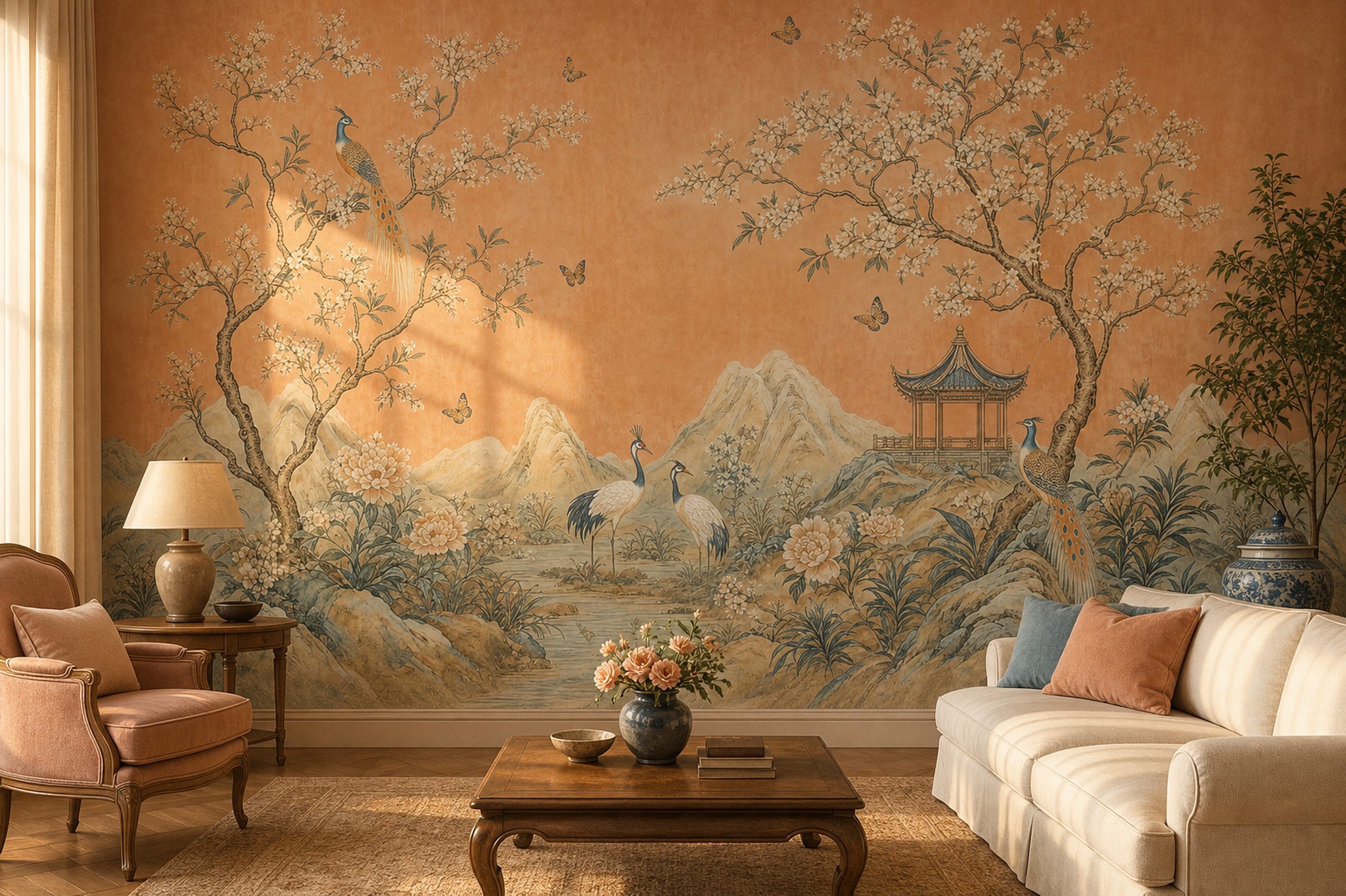 Chinoiserie Wallpaper Asian Landscape Terracotta Background Wall Mural
