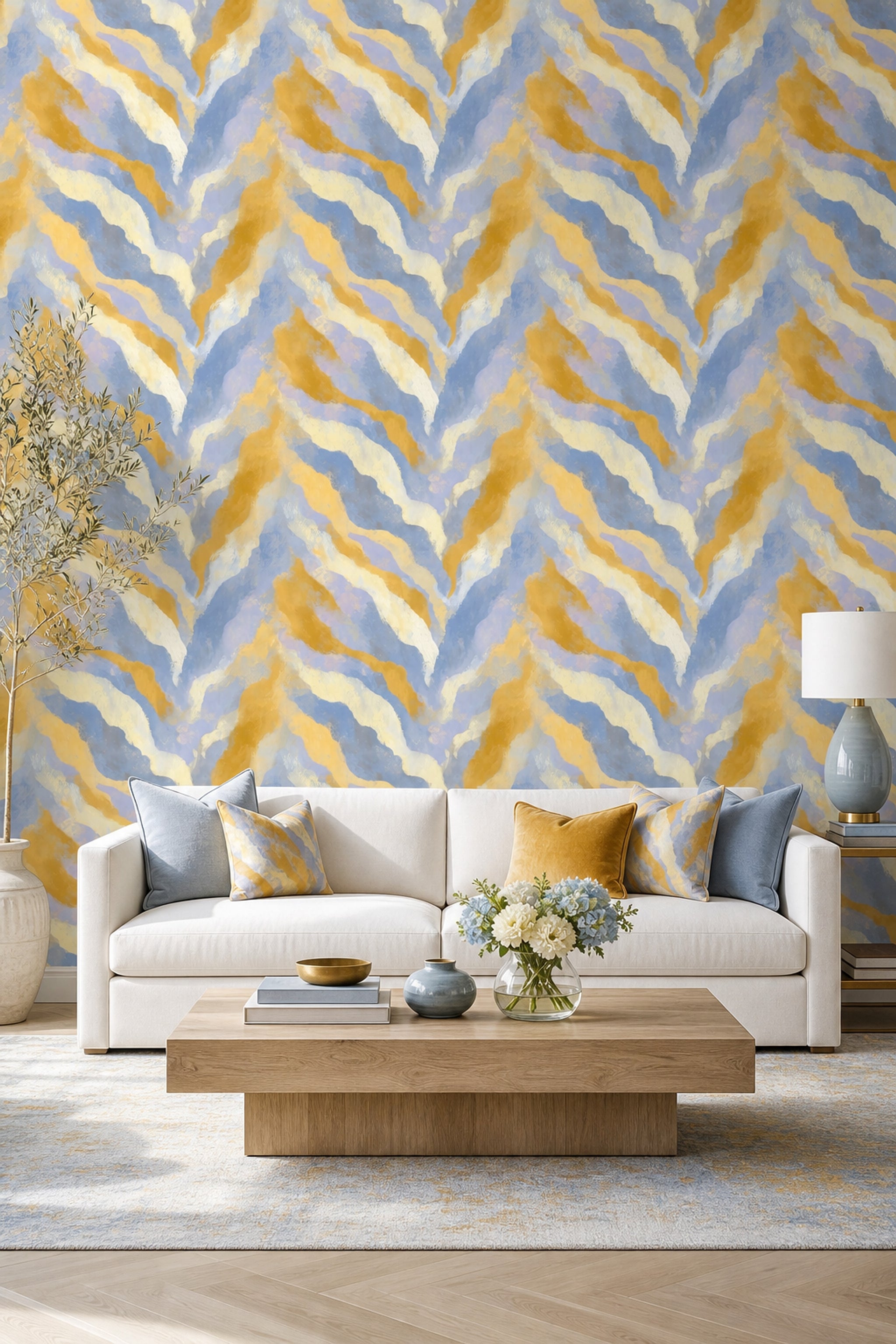 Abstract Brushstrokes Wallpaper Wavy Stripes Blue And Gold Removable Wall Decor