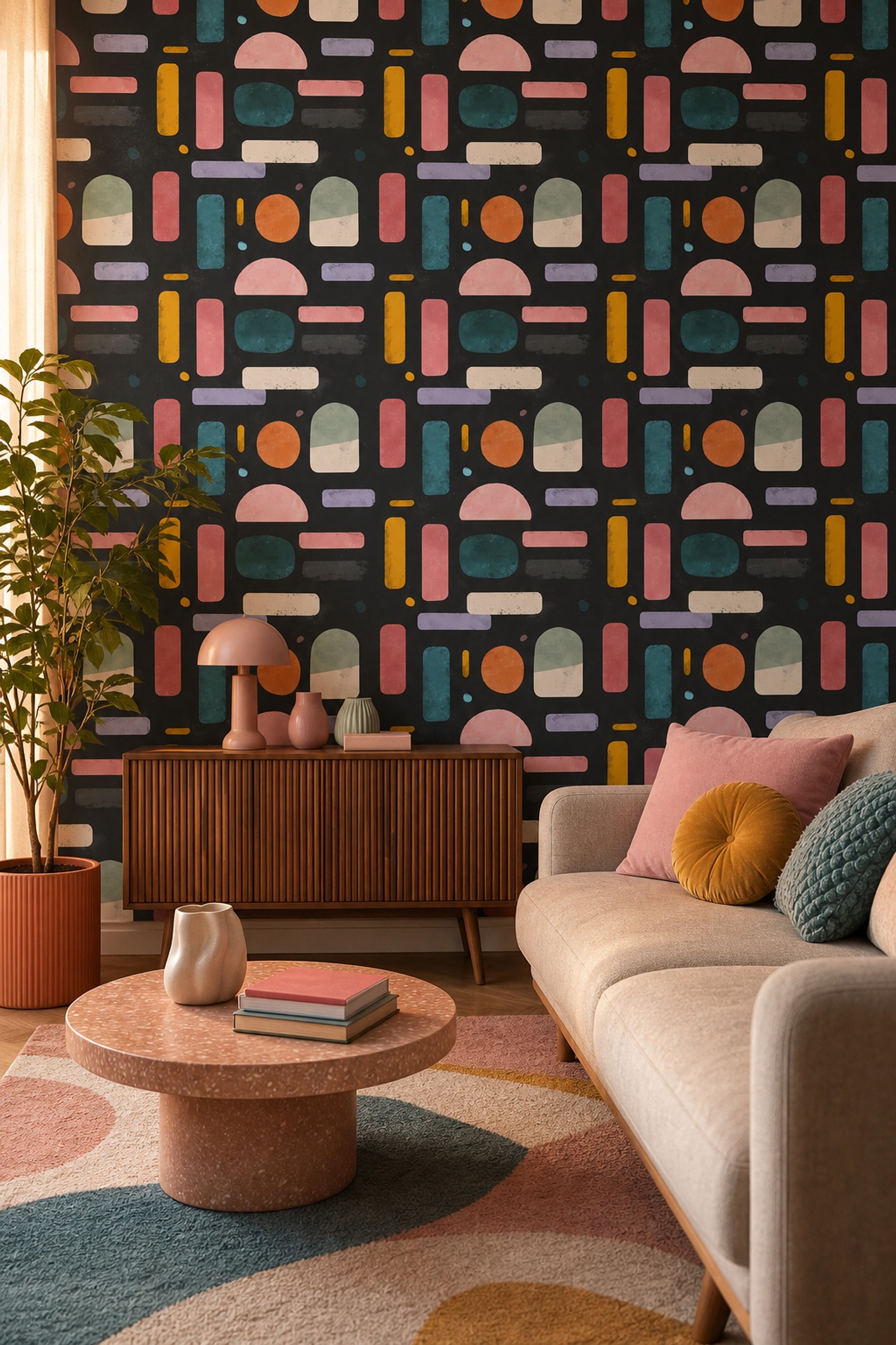 Mid-Century Modern Wallpaper Retro Removable Geometric Wall Double Roll