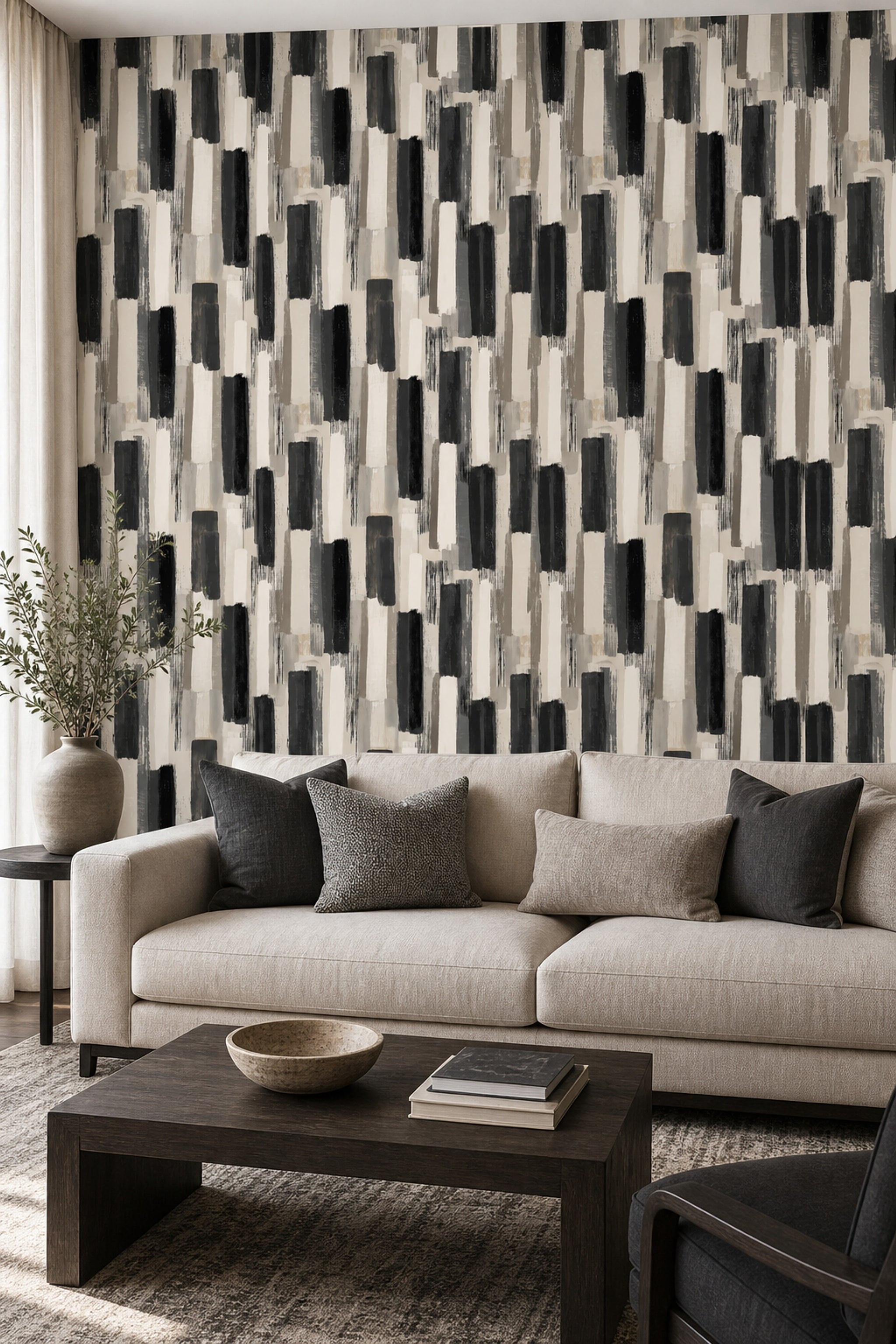 Geometric Blocks Wallpaper Vertical Brushstrokes Removable Neutral Palette Wall Double Roll