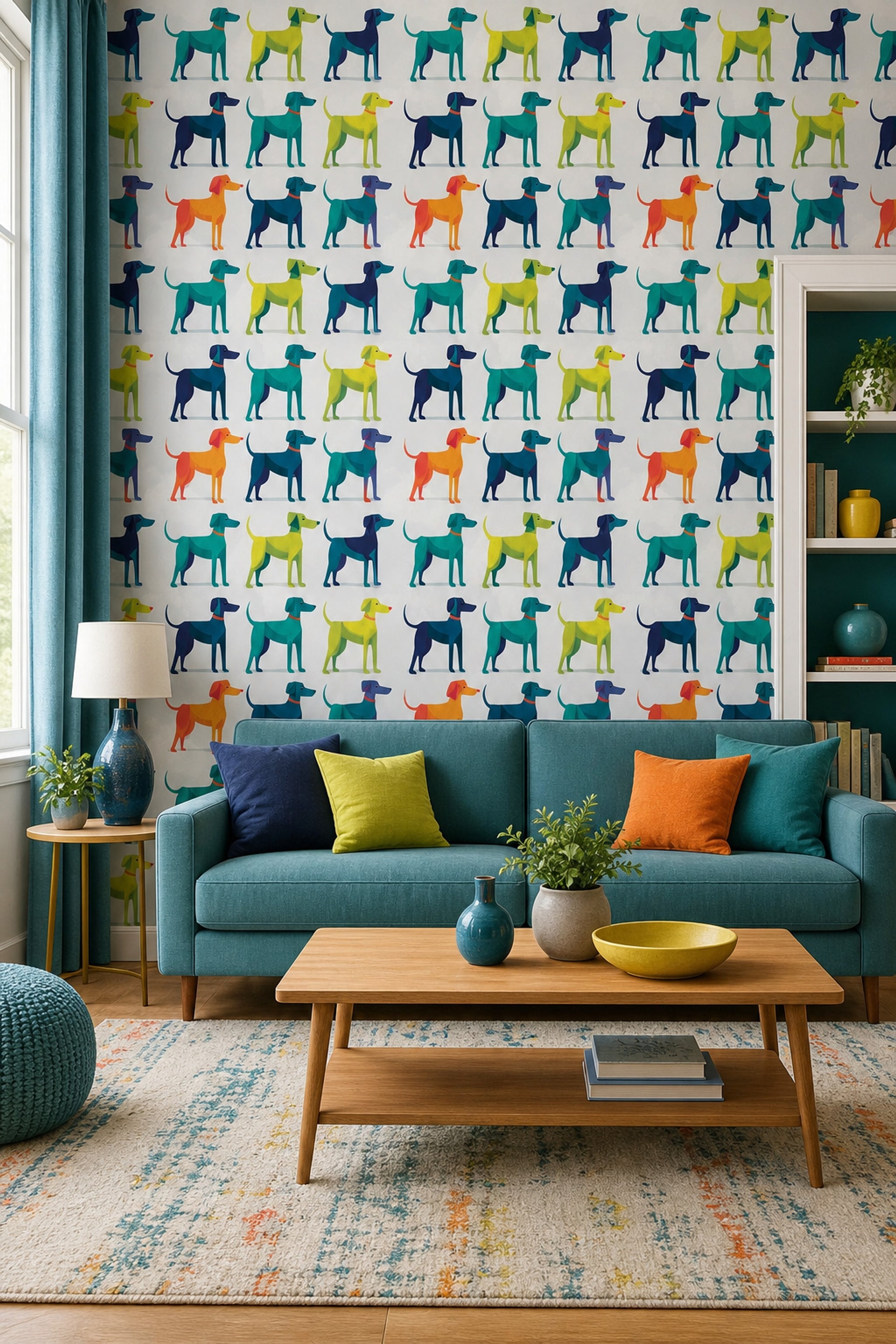 Playful Dogs Wallpaper Animal Print Geometric Illustration Decorative Mural