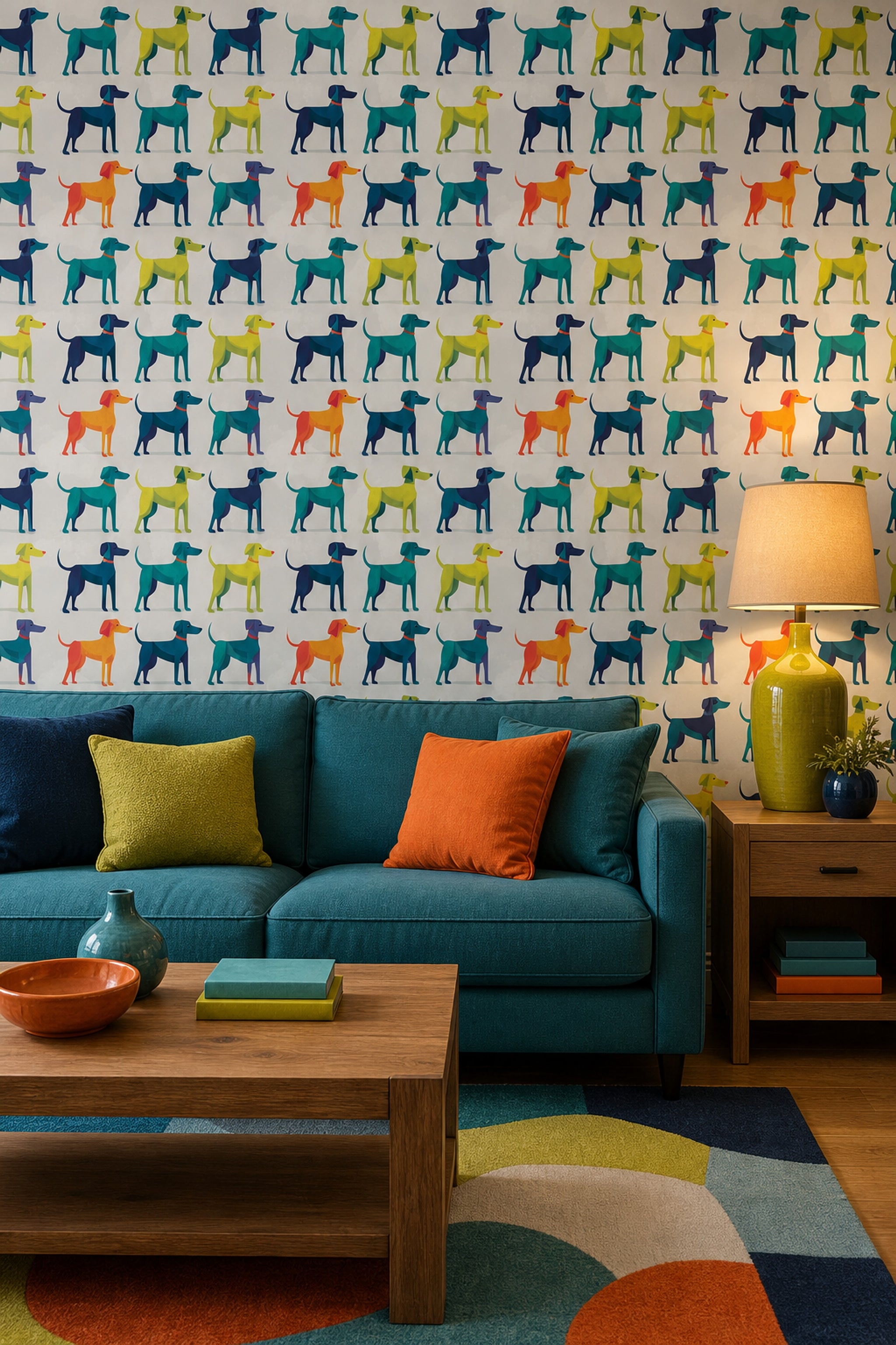 Playful Dogs Wallpaper Animal Print Geometric Illustration Decorative Mural