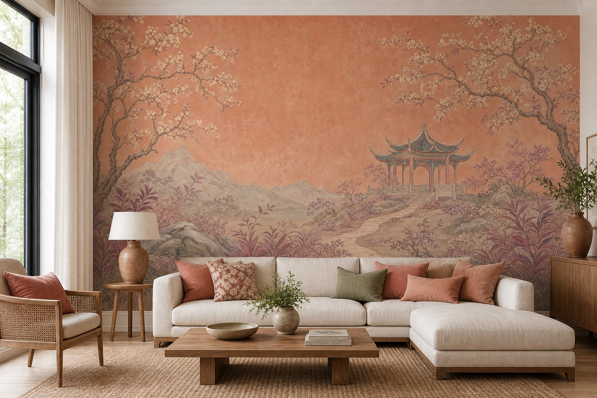 Asian Landscape Wallpaper Pavilion Gazebo Removable Chinoiserie Wall Decor
