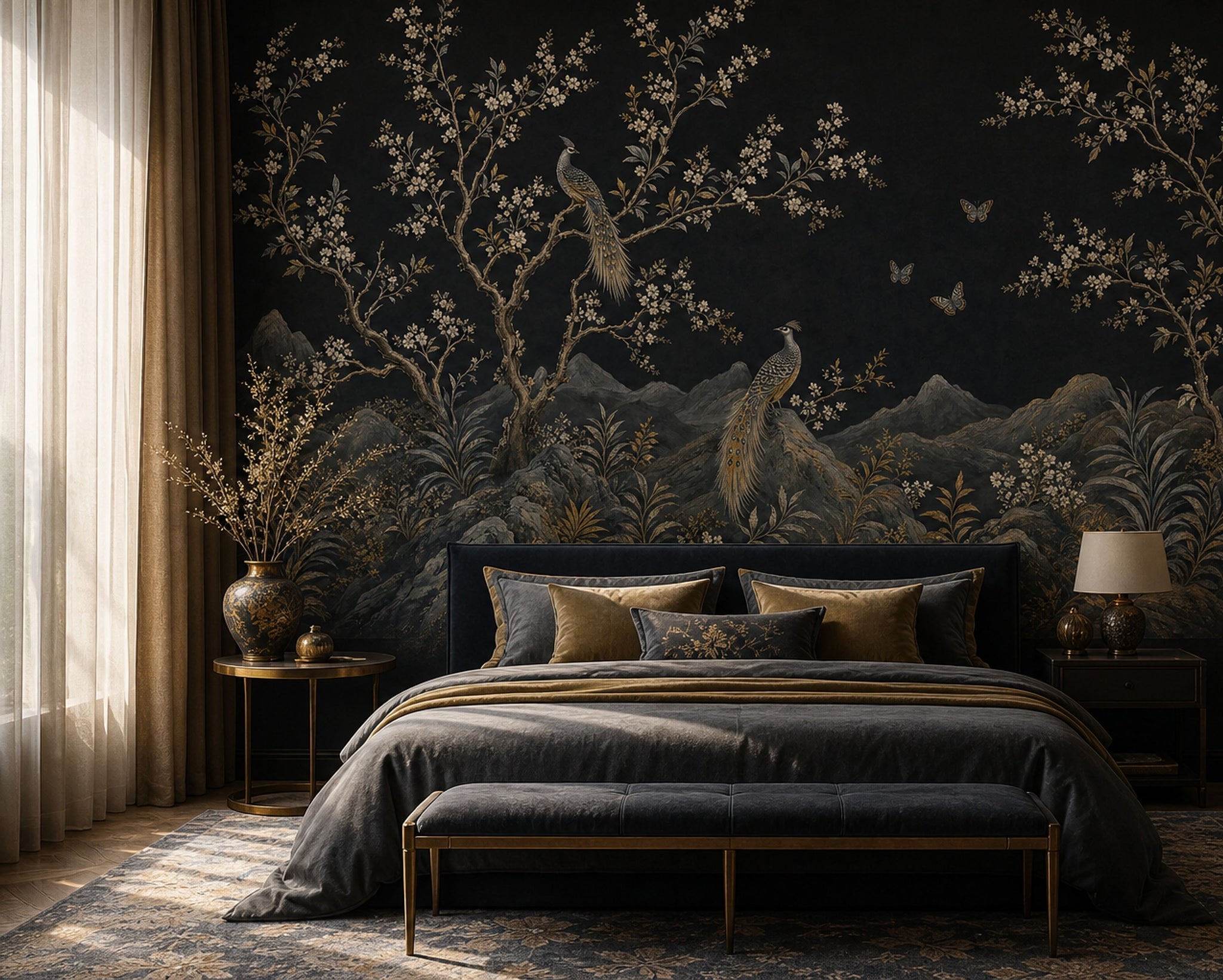 Night Landscape Wallpaper Blossom Branches Removable Gold Accents Wall Decor