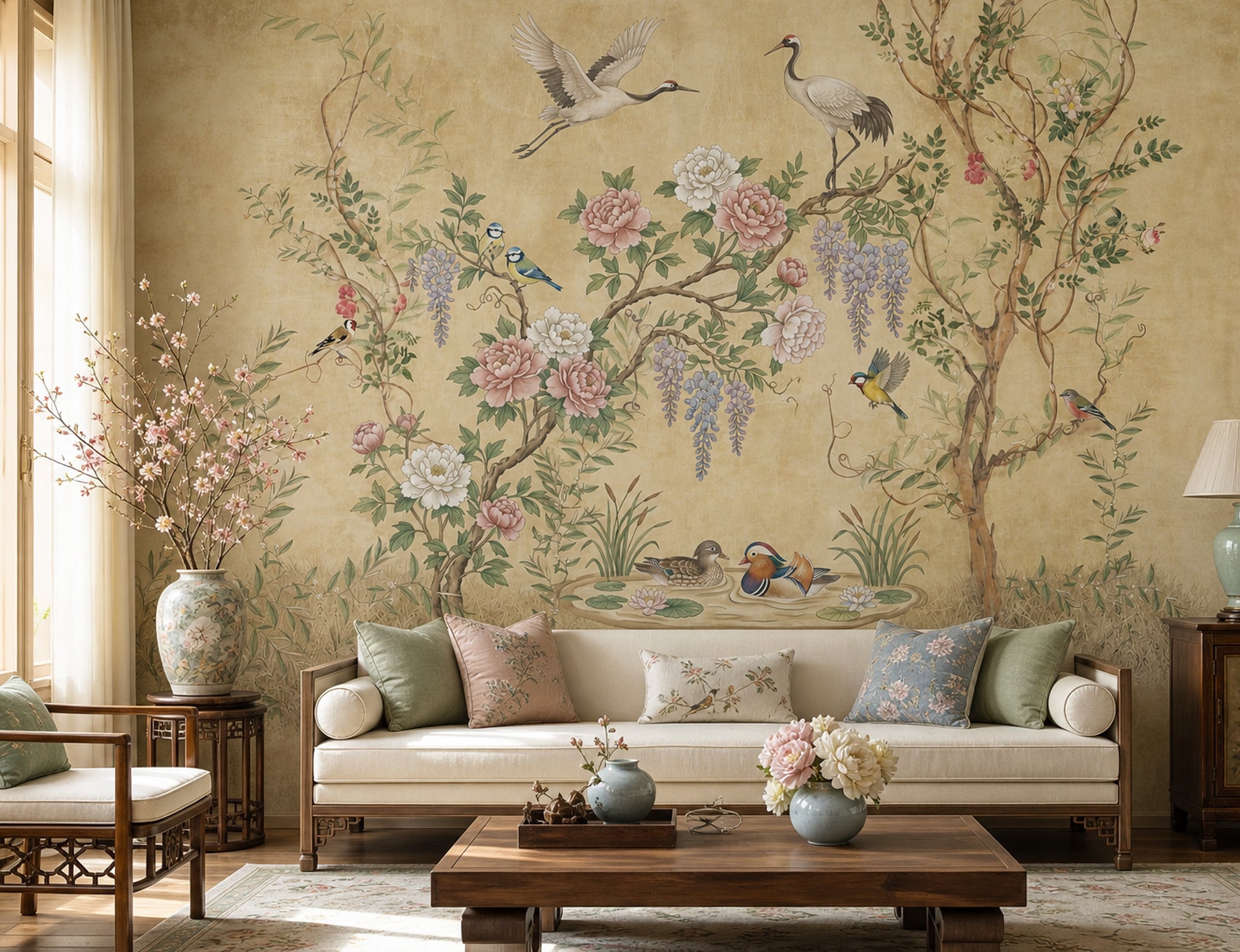 Chinoiserie Wallpaper Birds Peonies Wall Mural