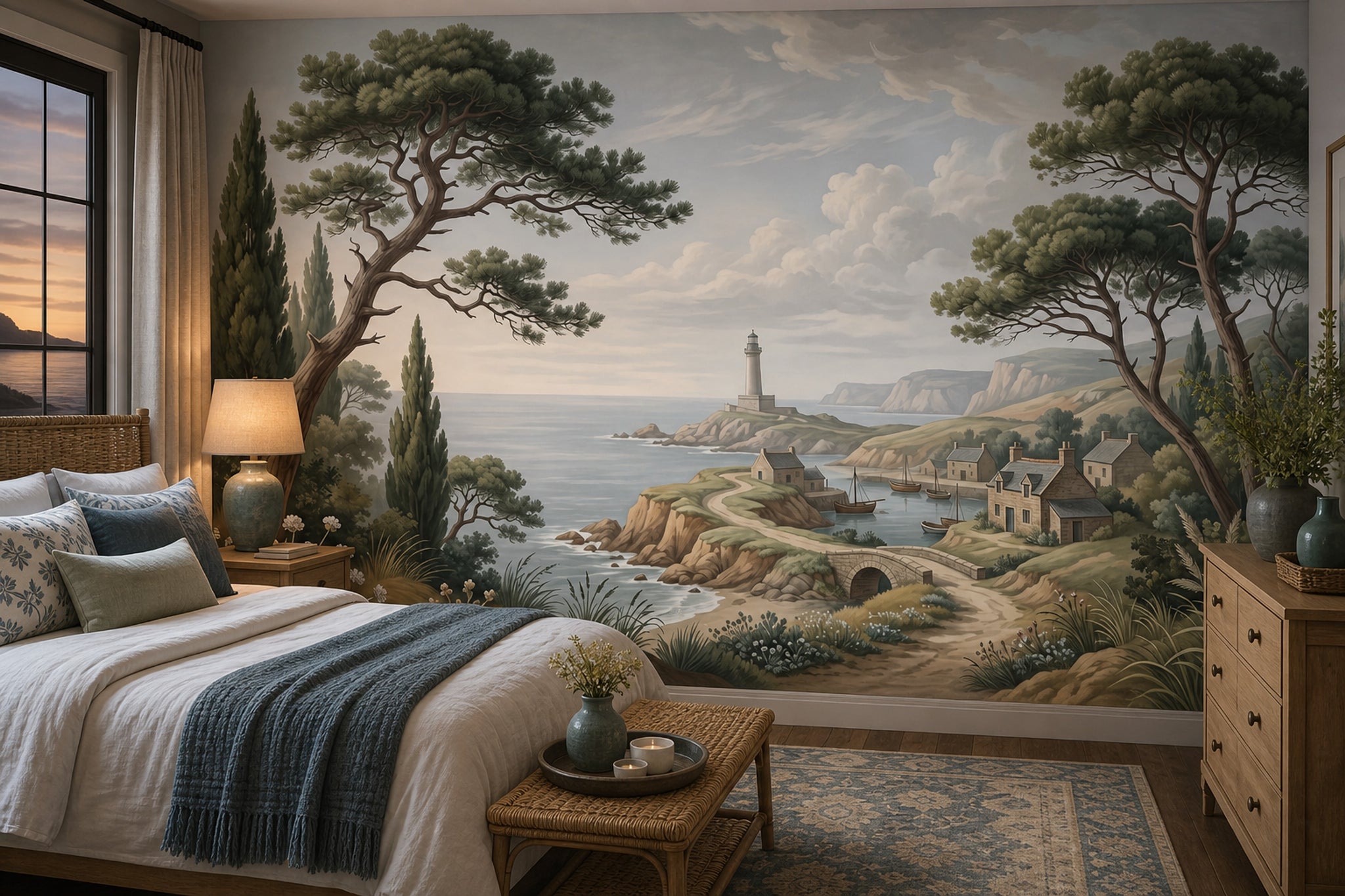 Coastal Landscape Wallpaper Seaside Village Lighthouse Removable Wall Decor