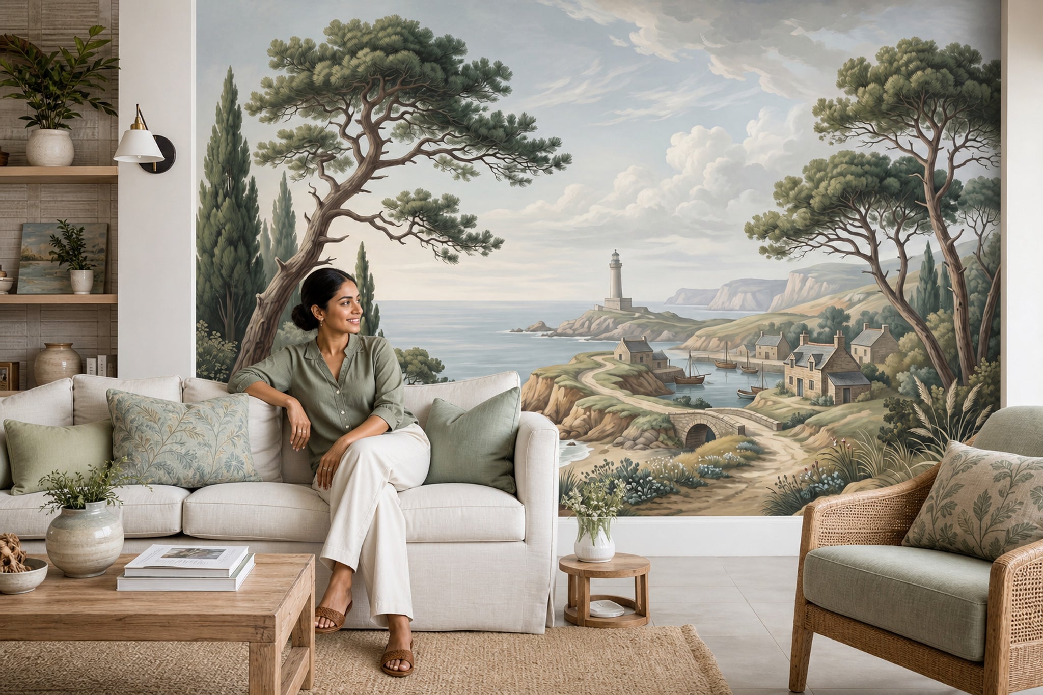 Coastal Landscape Wallpaper Seaside Village Lighthouse Removable Wall Decor