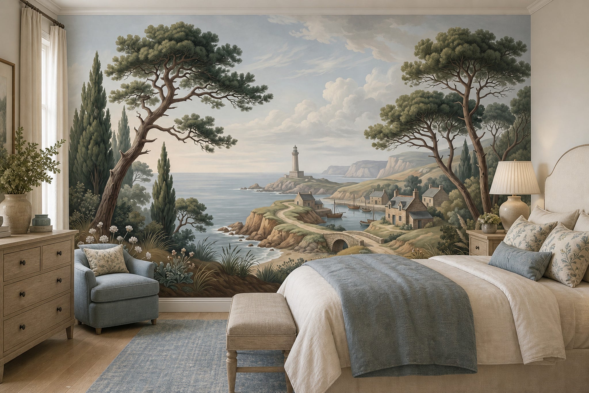 Coastal Landscape Wallpaper Seaside Village Lighthouse Removable Wall Decor
