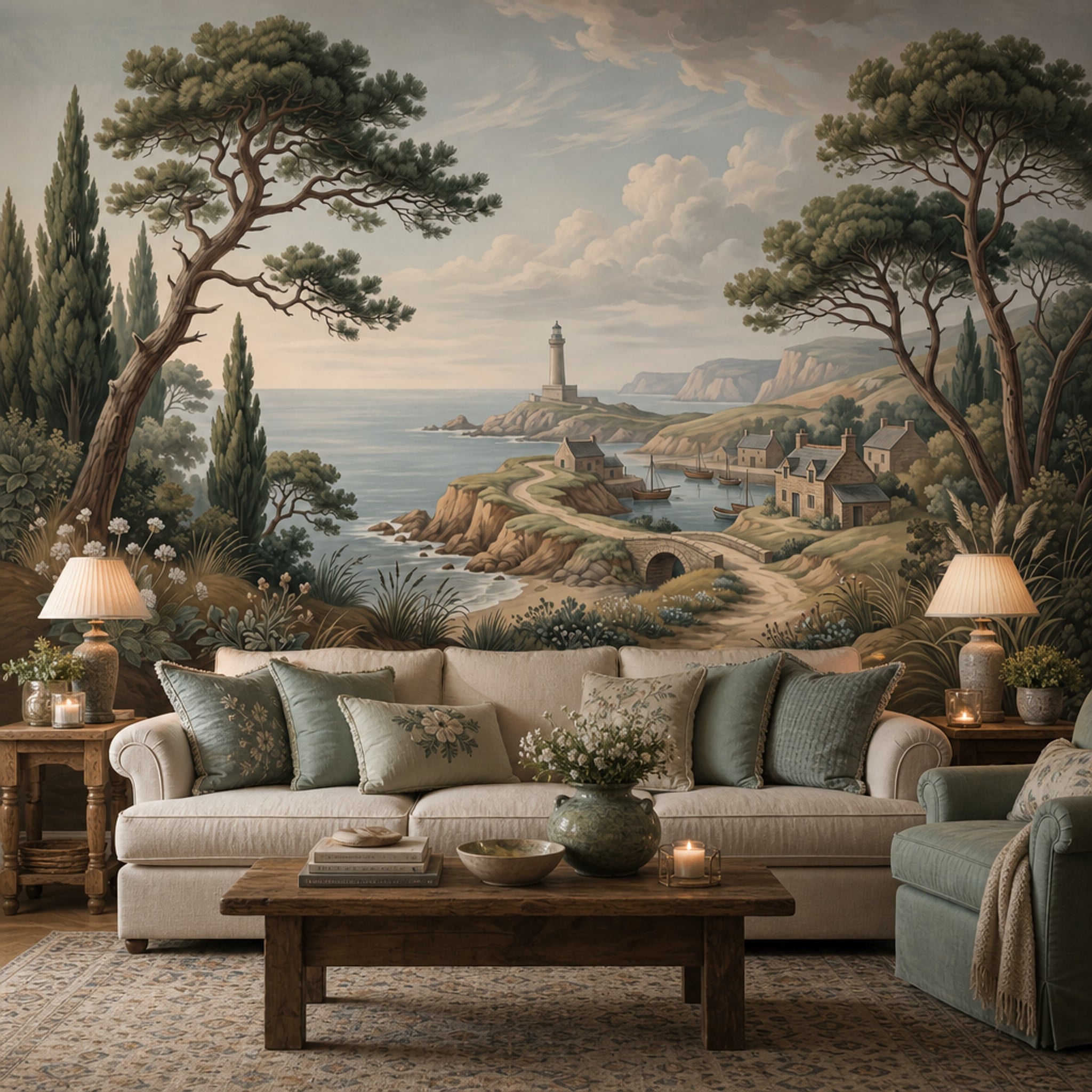 Coastal Landscape Wallpaper Seaside Village Lighthouse Removable Wall Decor