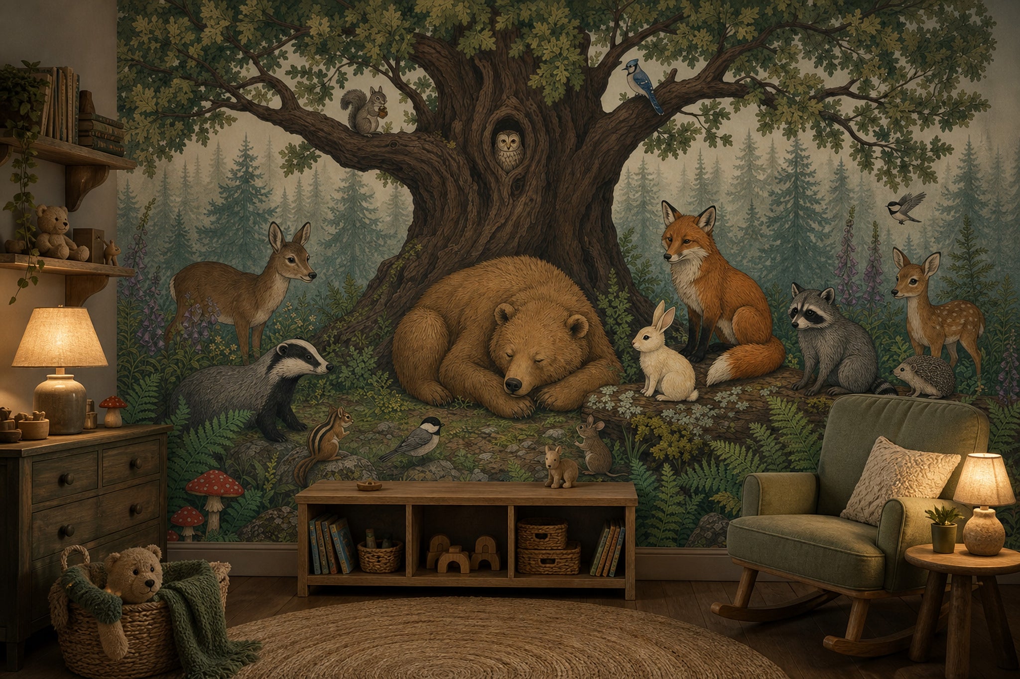 Woodland Wallpaper Forest Animals Removable Oak Tree Wall Decor