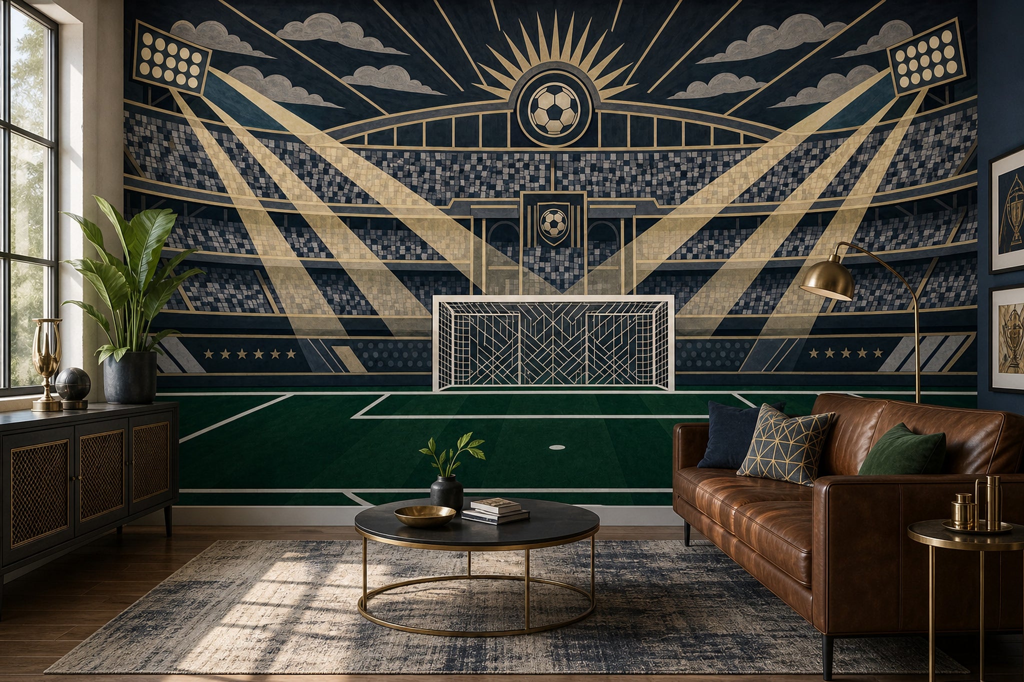 Dark Soccer Stadium Wallpaper Football Goal Spotlight Beams Wall Mural