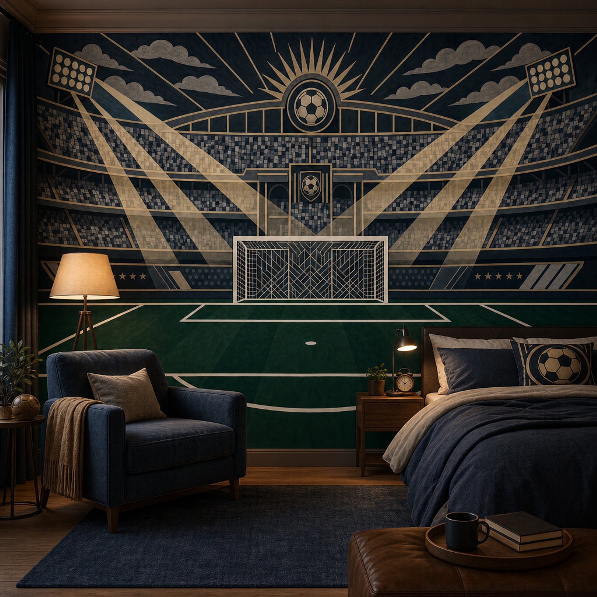 Dark Soccer Stadium Wallpaper Football Goal Spotlight Beams Wall Mural