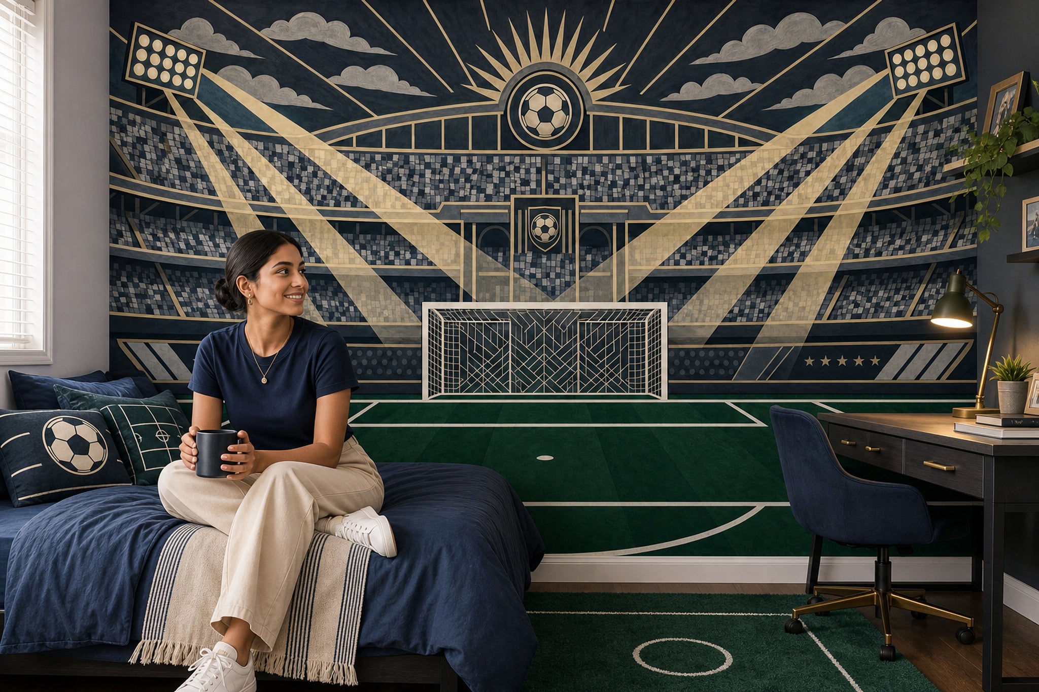 Dark Soccer Stadium Wallpaper Football Goal Spotlight Beams Wall Mural