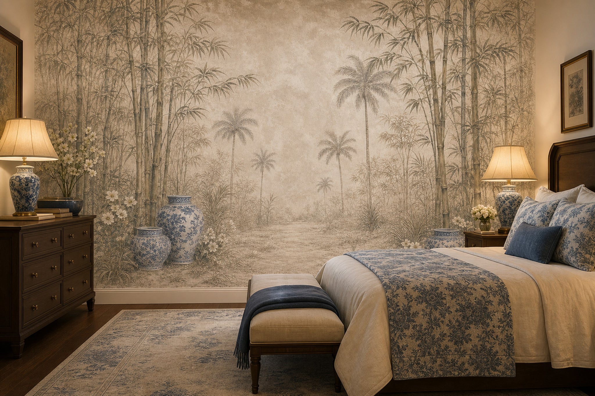Bamboo Grove Wallpaper Tropical Palms Blue And White Porcelain Removable Wall Decor