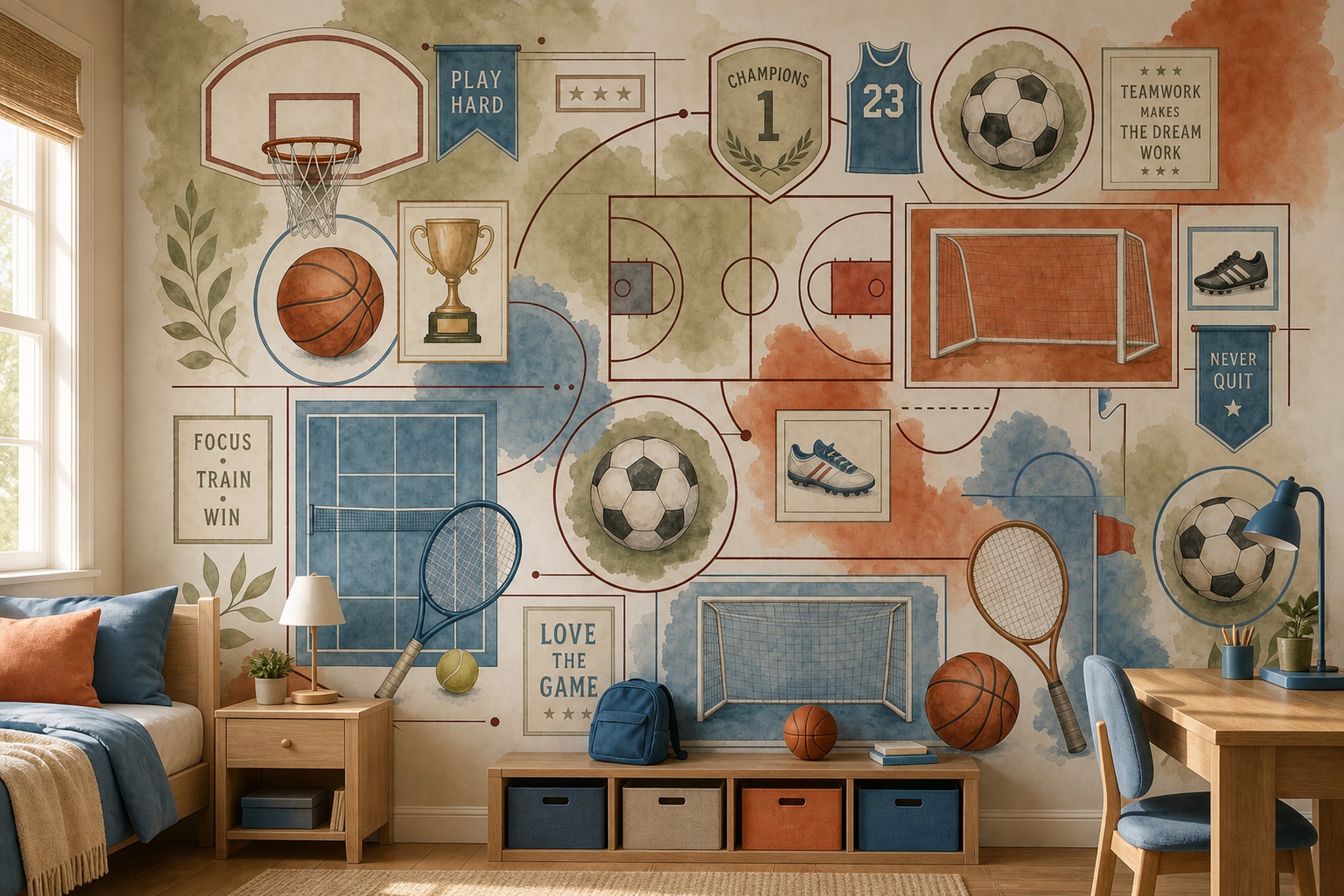 Sports Collage Wallpaper Watercolor Motivational Quotes Wall Mural