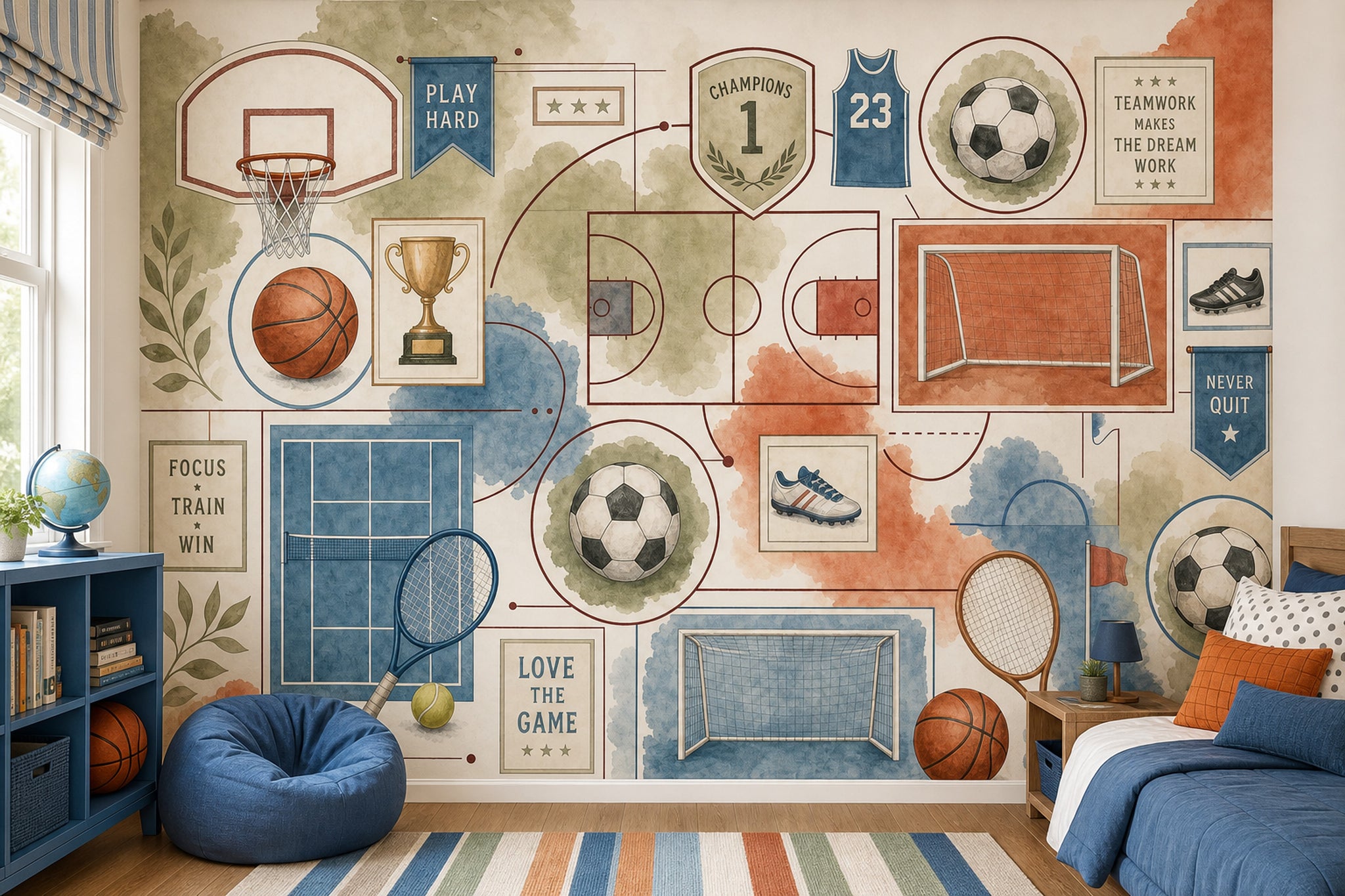 Sports Collage Wallpaper Watercolor Motivational Quotes Wall Mural
