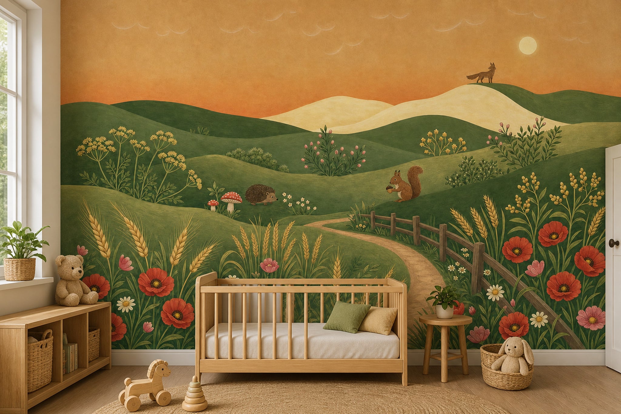 Rolling Hills Wallpaper Wildflower Meadow Storybook Illustration Wall Mural