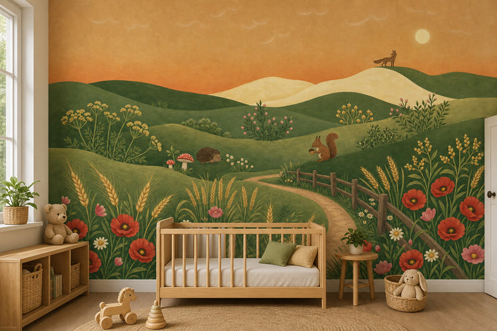 Rolling Hills Wallpaper Wildflower Meadow Storybook Illustration Wall Mural