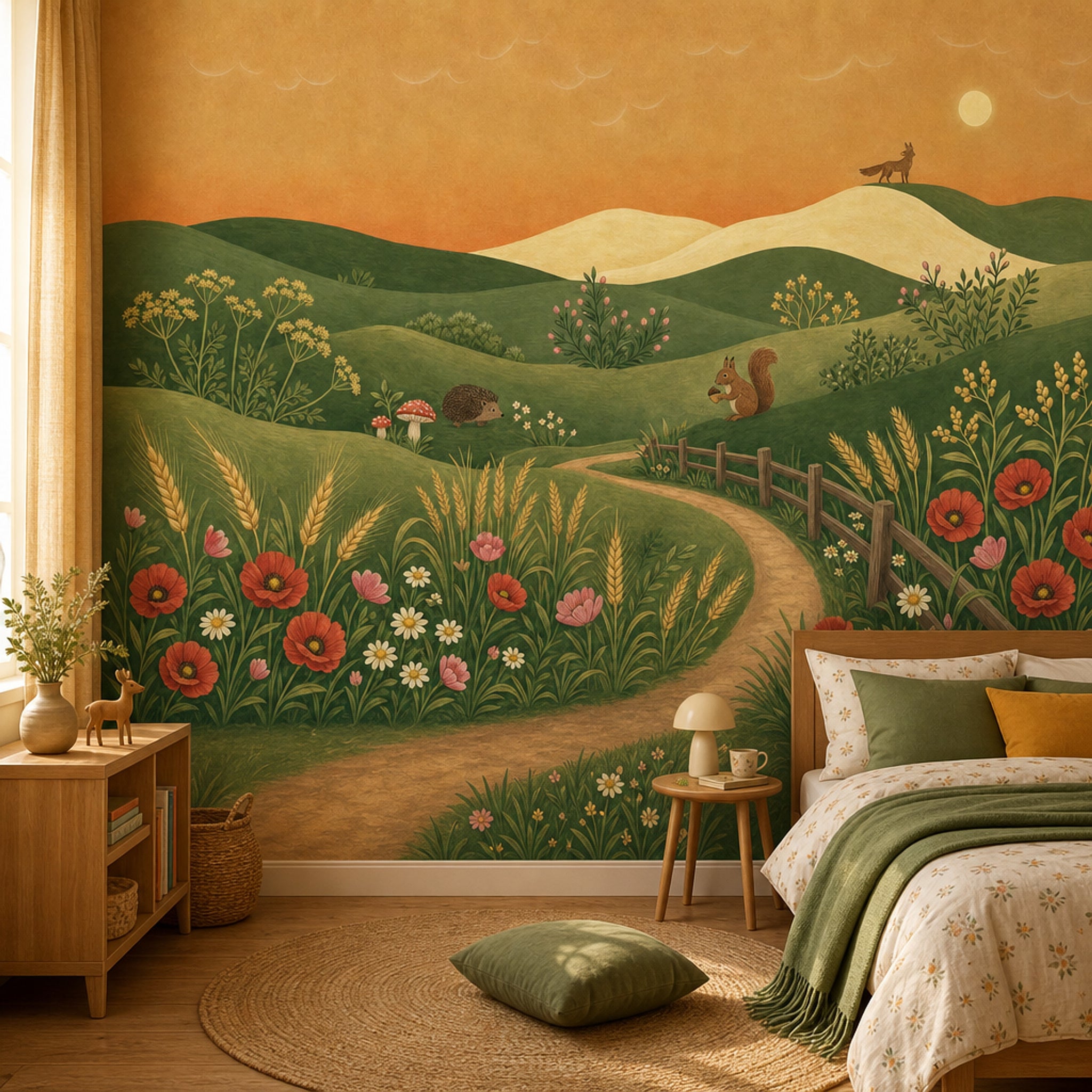 Rolling Hills Wallpaper Wildflower Meadow Storybook Illustration Wall Mural