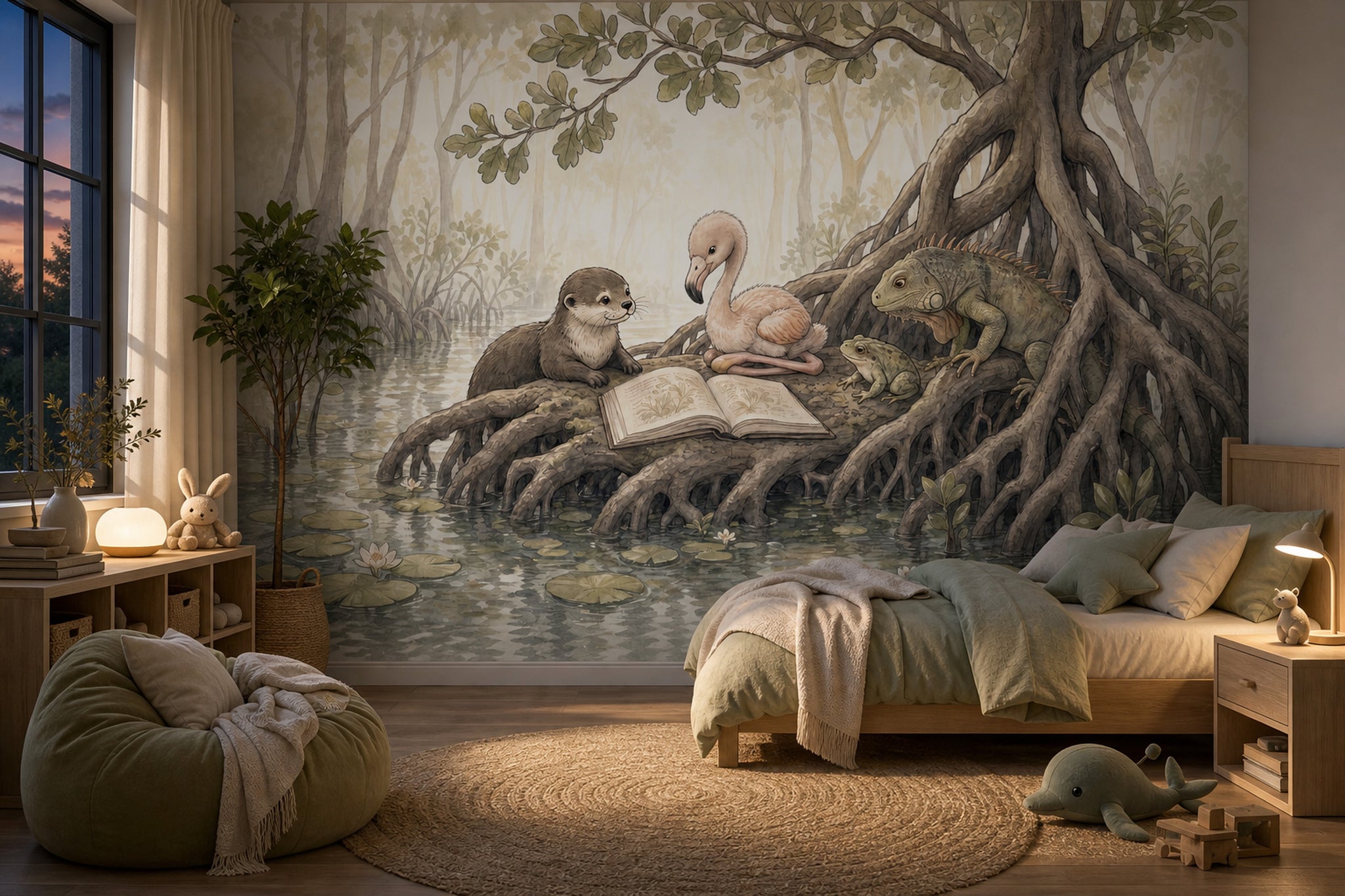 Storybook Illustration Wallpaper Wetland Landscape Removable Mangrove Roots Wall Decor